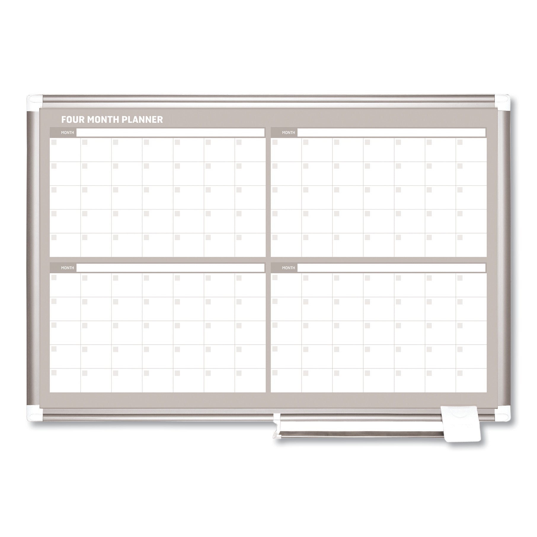 Magnetic Dry Erase Calendar Board, Four Month, 36 x 24, White Surface, Silver Aluminum Frame - 