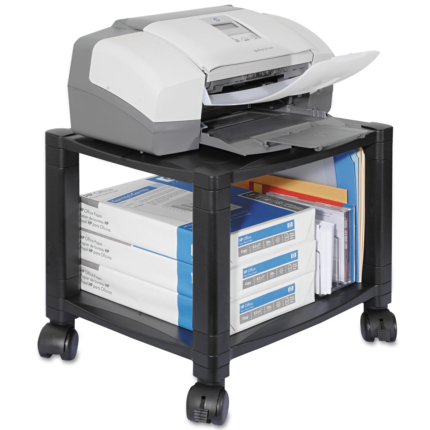 Height-Adjustable Under-Desk Printer Cart, Plastic, 2 Shelves, 75 lb Capacity, 17" x 13.25" x 14.13", Black - 