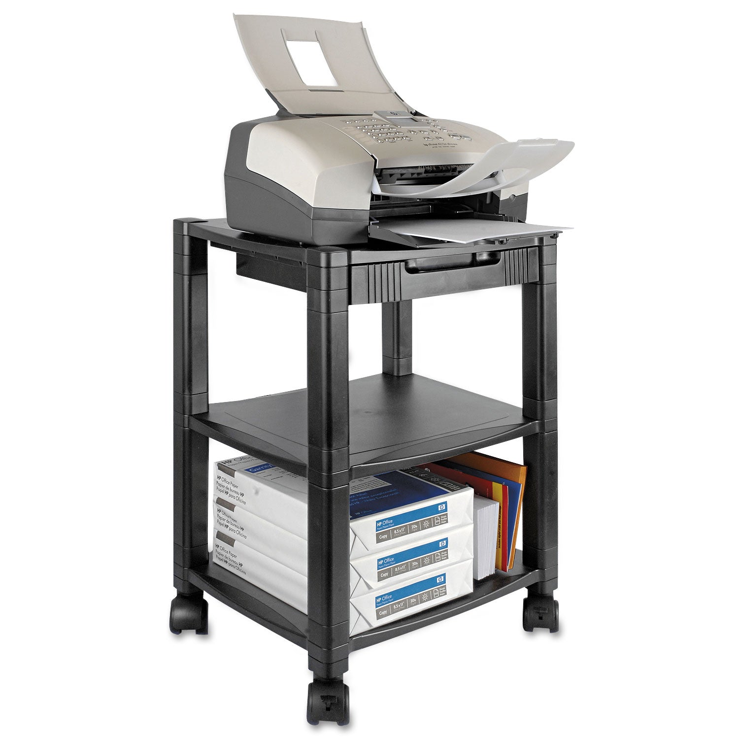 Height-Adjustable Deskside Printer Cart, Plastic, 3 Shelves, 1 Drawer, 75 lb Capacity, 17" x 13.25" x 24.5", Black - 