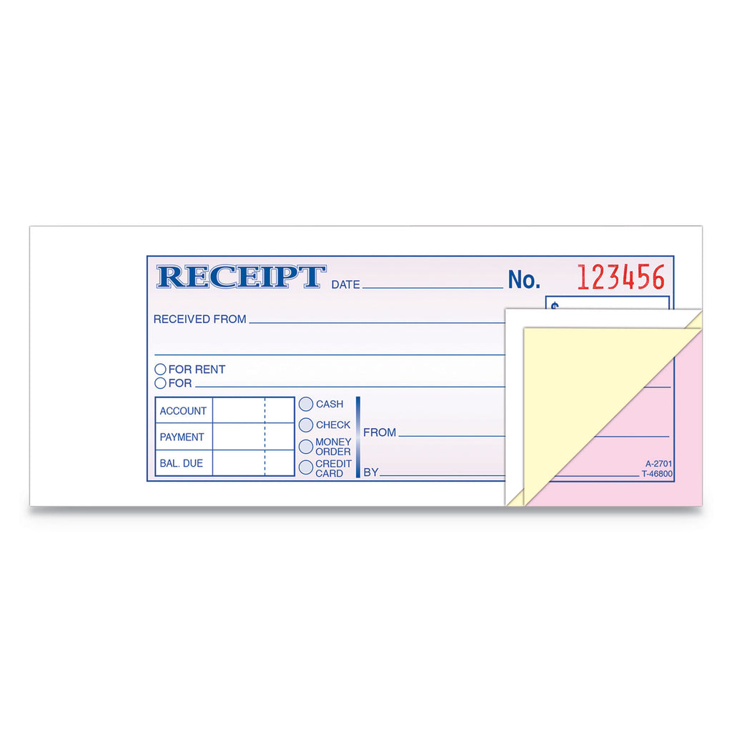 Receipt Book, Three-Part Carbonless, 2.75 x 7.19, 50 Forms Total - 