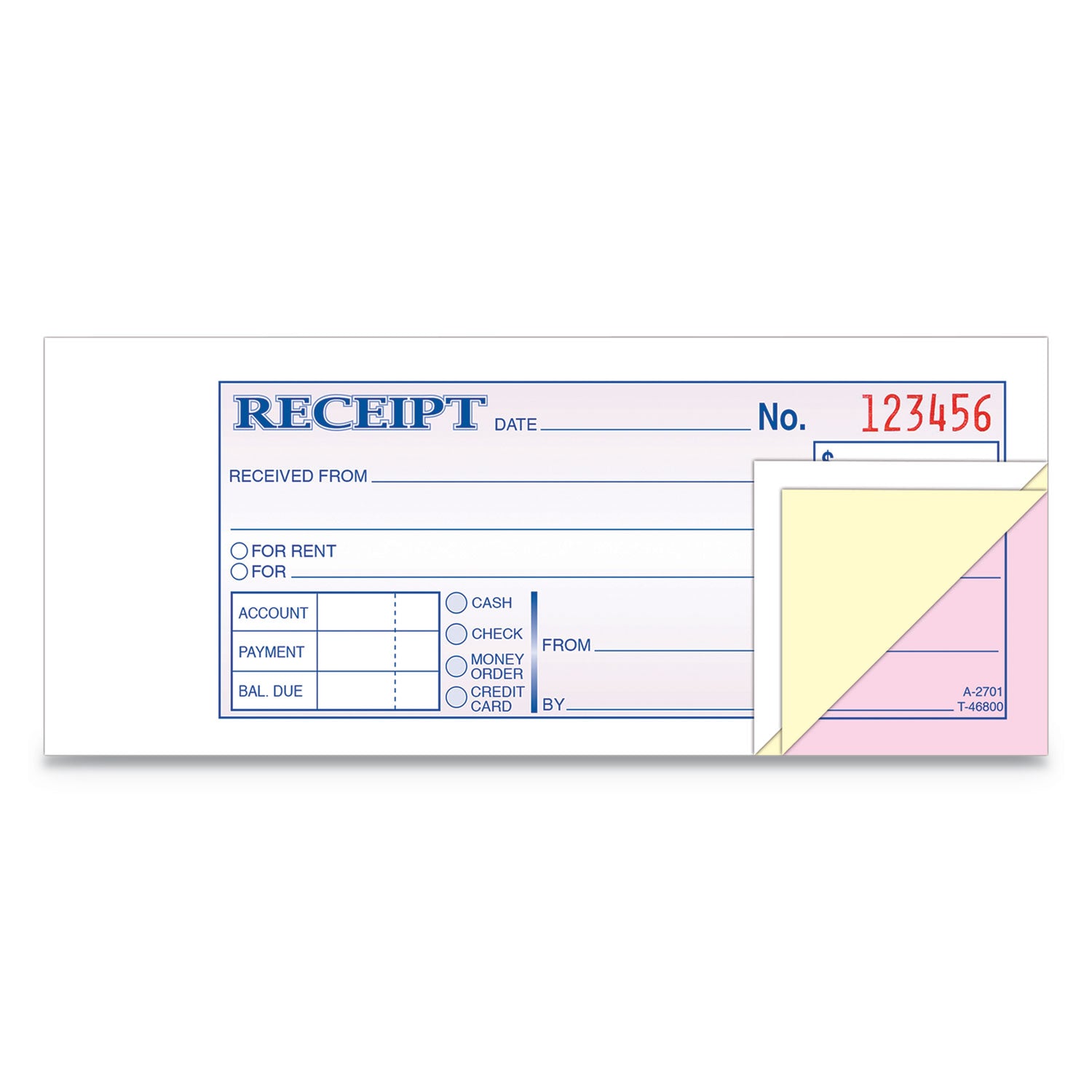 Receipt Book, Three-Part Carbonless, 2.75 x 7.19, 50 Forms Total - 