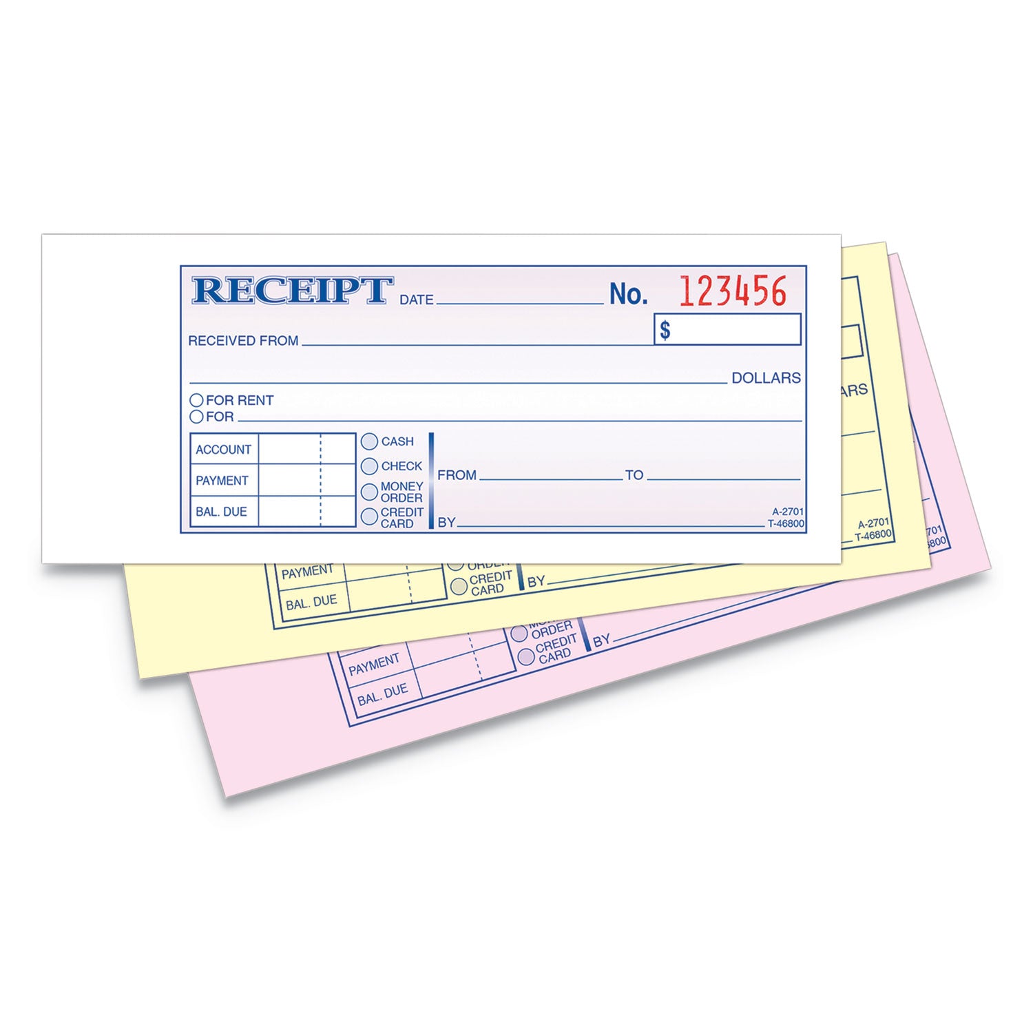 Receipt Book, Three-Part Carbonless, 2.75 x 7.19, 50 Forms Total - 