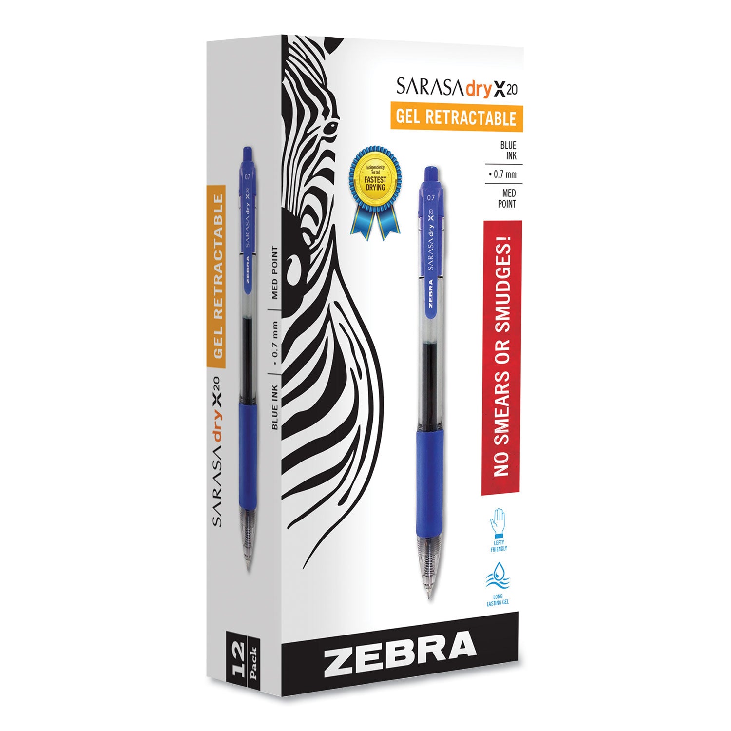 Sarasa Dry Gel X20 Gel Pen, Retractable, Medium 0.7 mm, Blue Ink, Clear/Blue Barrel, 12/Pack - 