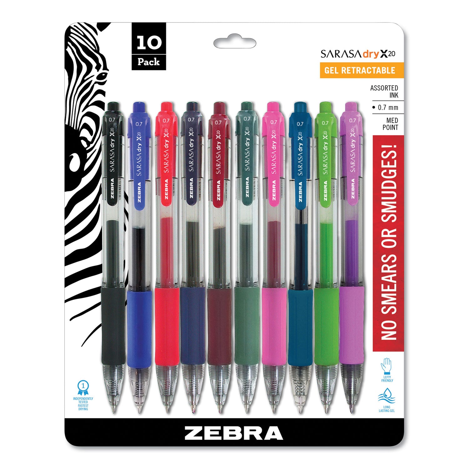 Sarasa Dry Gel X20 Gel Pen, Retractable, Medium 0.7 mm, Assorted Ink and Barrel Colors, 10/Pack - 