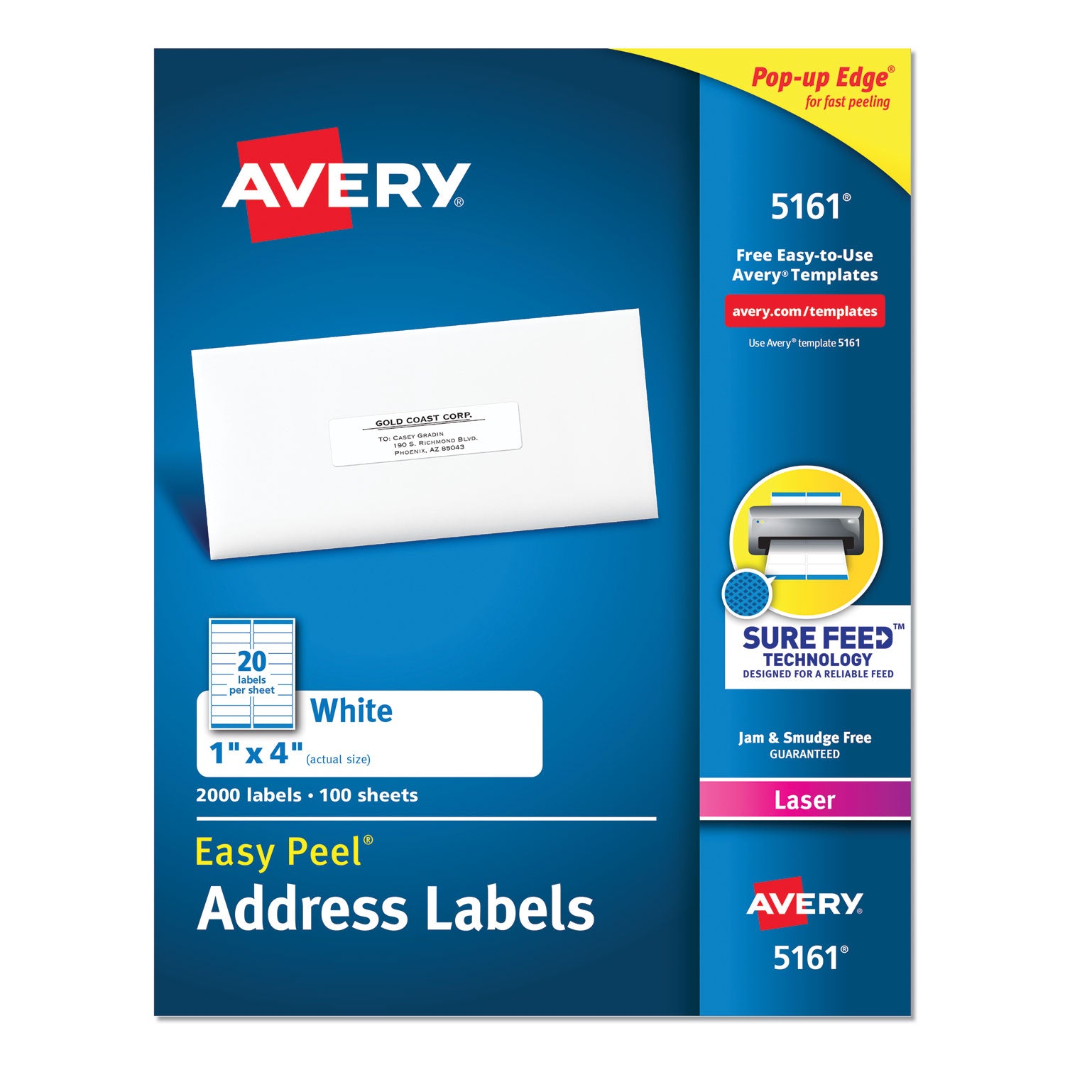 Easy Peel White Address Labels w/ Sure Feed Technology, Laser Printers, 1 x 4, White, 20/Sheet, 100 Sheets/Box - 