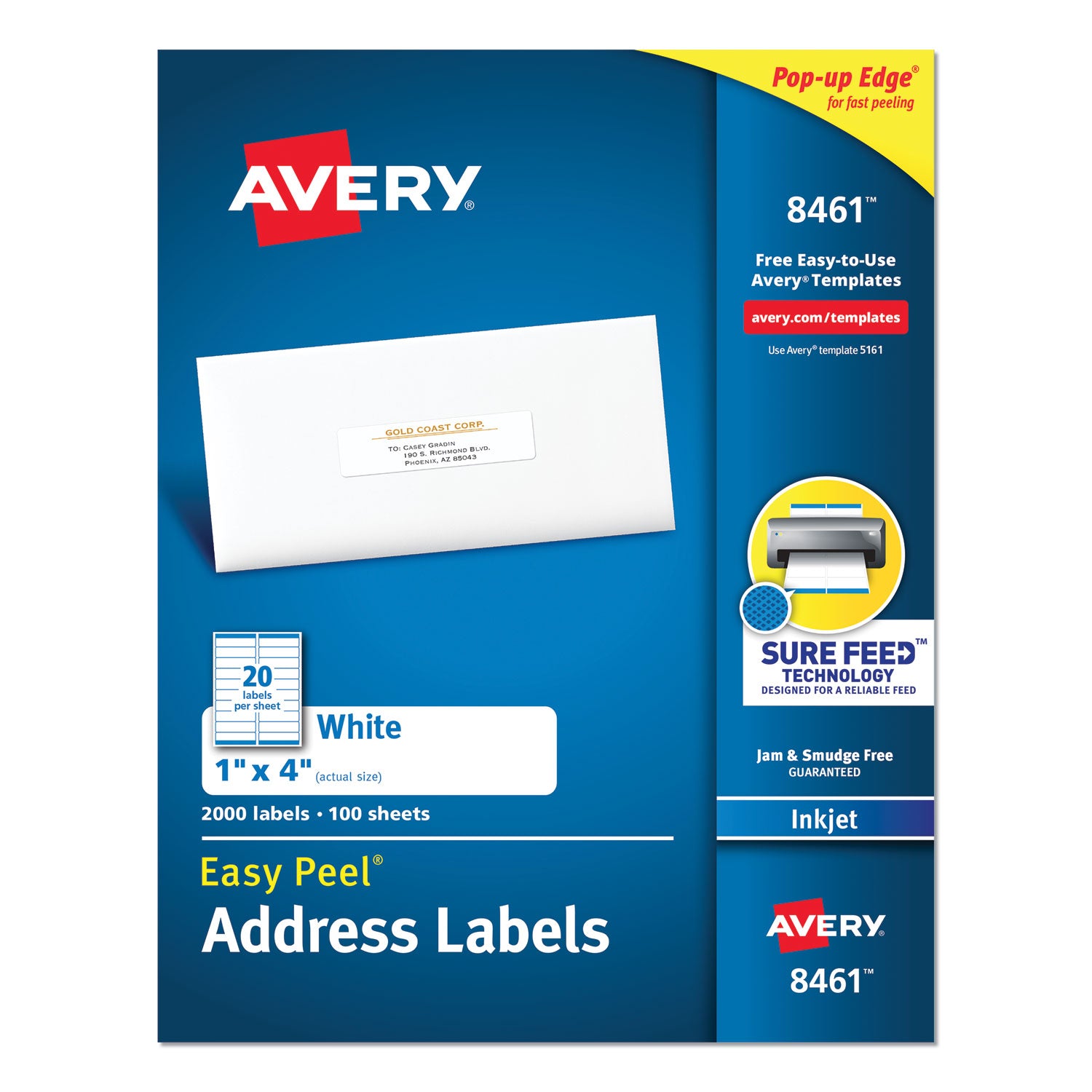 Easy Peel White Address Labels w/ Sure Feed Technology, Inkjet Printers, 1 x 4, White, 20/Sheet, 100 Sheets/Box - 