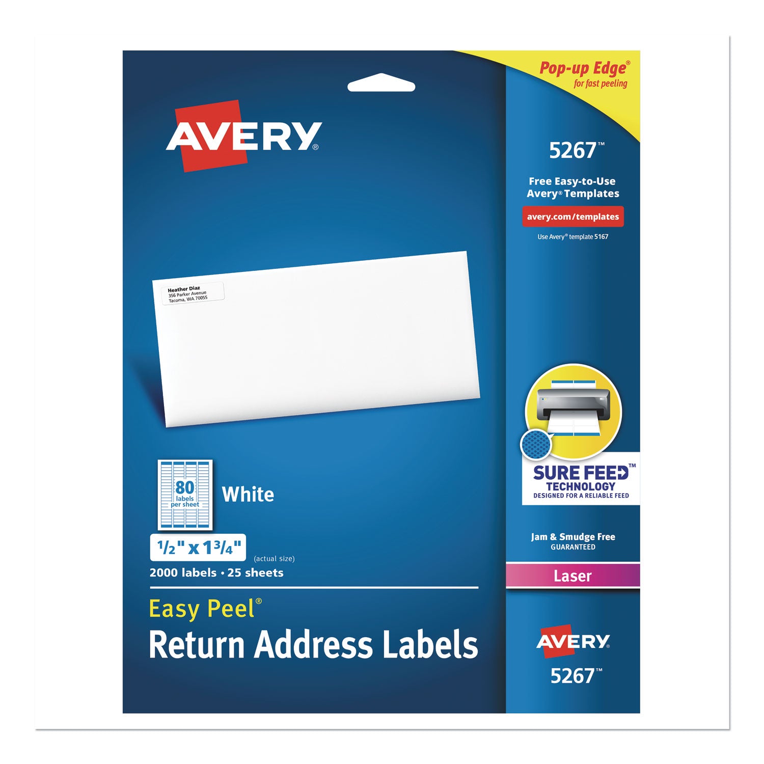 Easy Peel White Address Labels w/ Sure Feed Technology, Laser Printers, 0.5 x 1.75, White, 80/Sheet, 25 Sheets/Pack - 