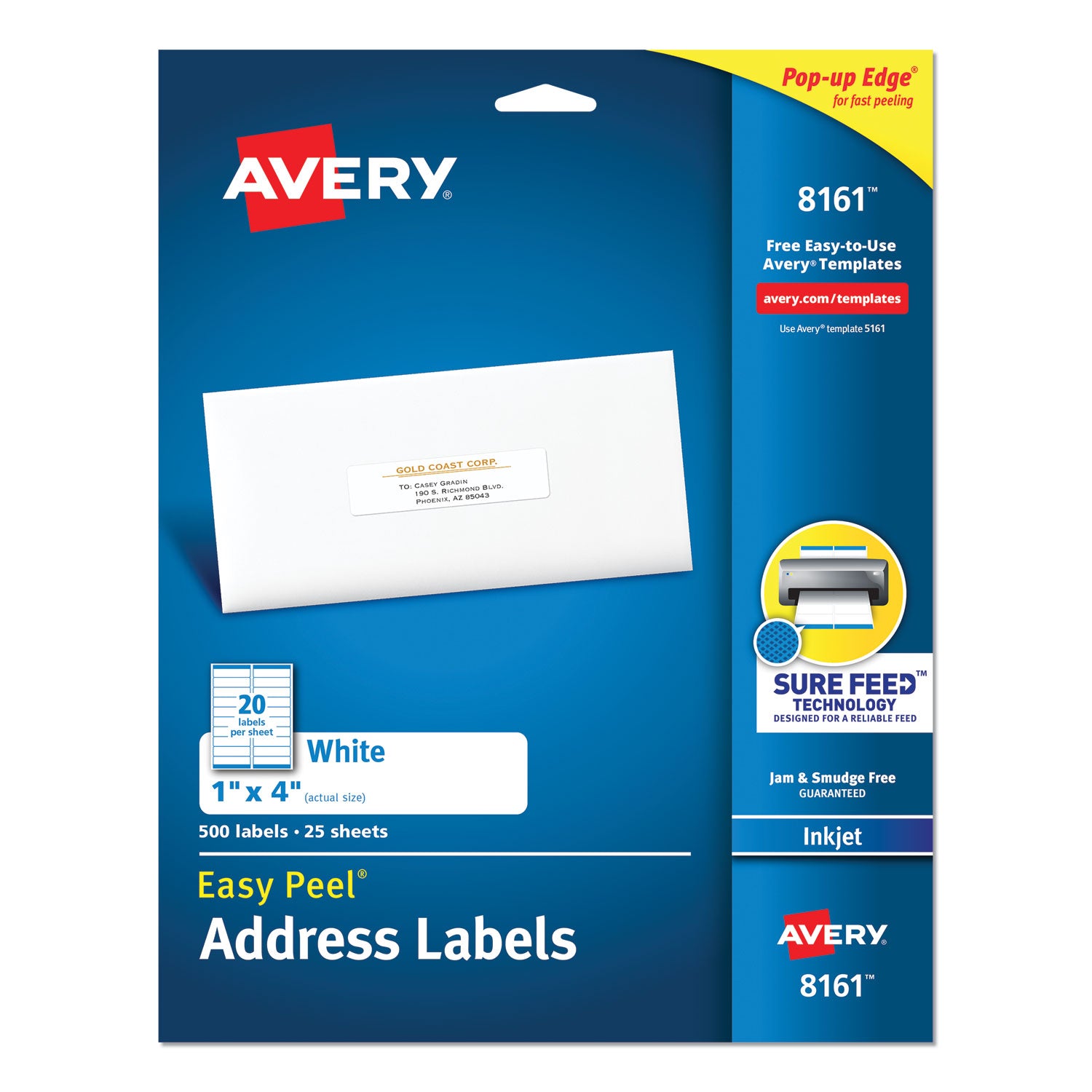 Easy Peel White Address Labels w/ Sure Feed Technology, Inkjet Printers, 1 x 4, White, 20/Sheet, 25 Sheets/Pack - 