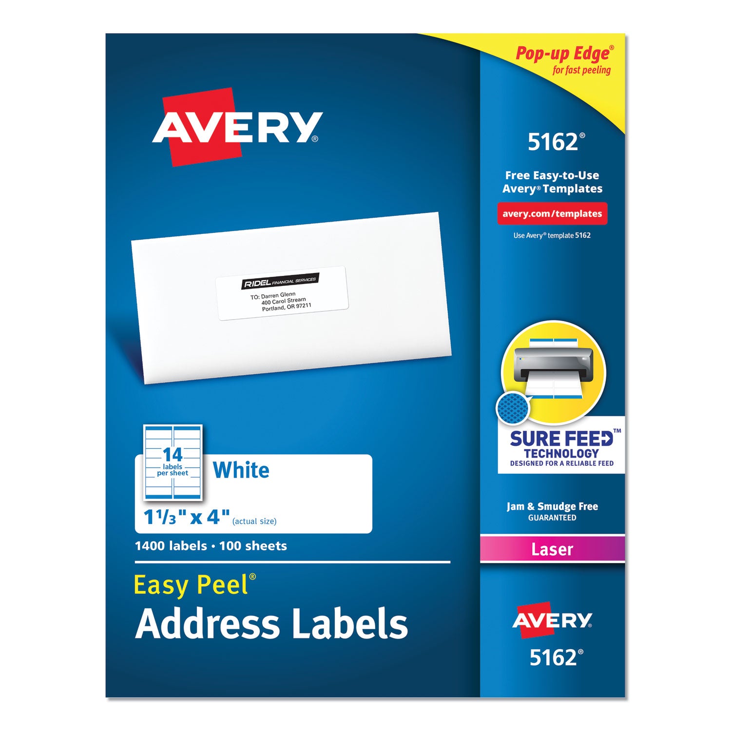 Easy Peel White Address Labels w/ Sure Feed Technology, Laser Printers, 1.33 x 4, White, 14/Sheet, 100 Sheets/Box - 