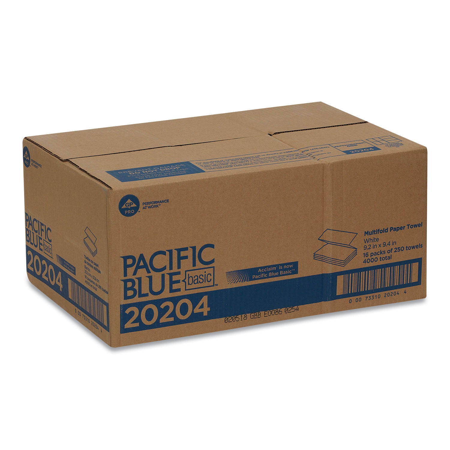 Pacific Blue Basic Folded Paper Towel, 1-Ply, 9.2 x 9.4, White, 250/Pack, 16 Packs/Carton - 