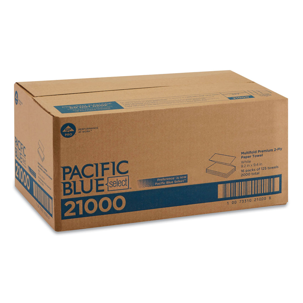 Blue Select Multi-Fold 2 Ply Paper Towel, 9.2 x 9.4, White, 125/Pack, 16 Packs/Carton