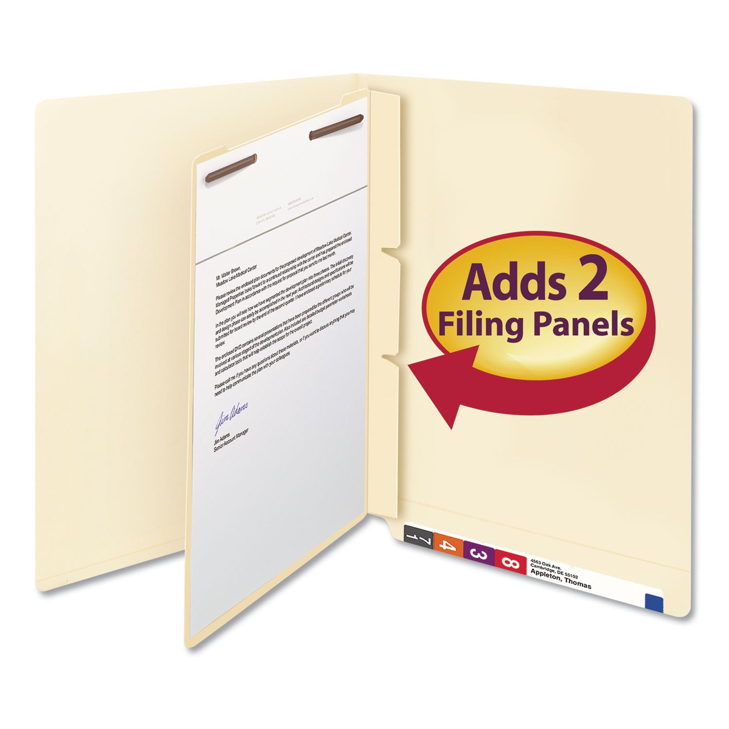 Self-Adhesive Folder Dividers with Twin-Prong Fasteners for Top/End Tab Folders, 1 Fastener, Letter Size, Manila, 100/Box - 