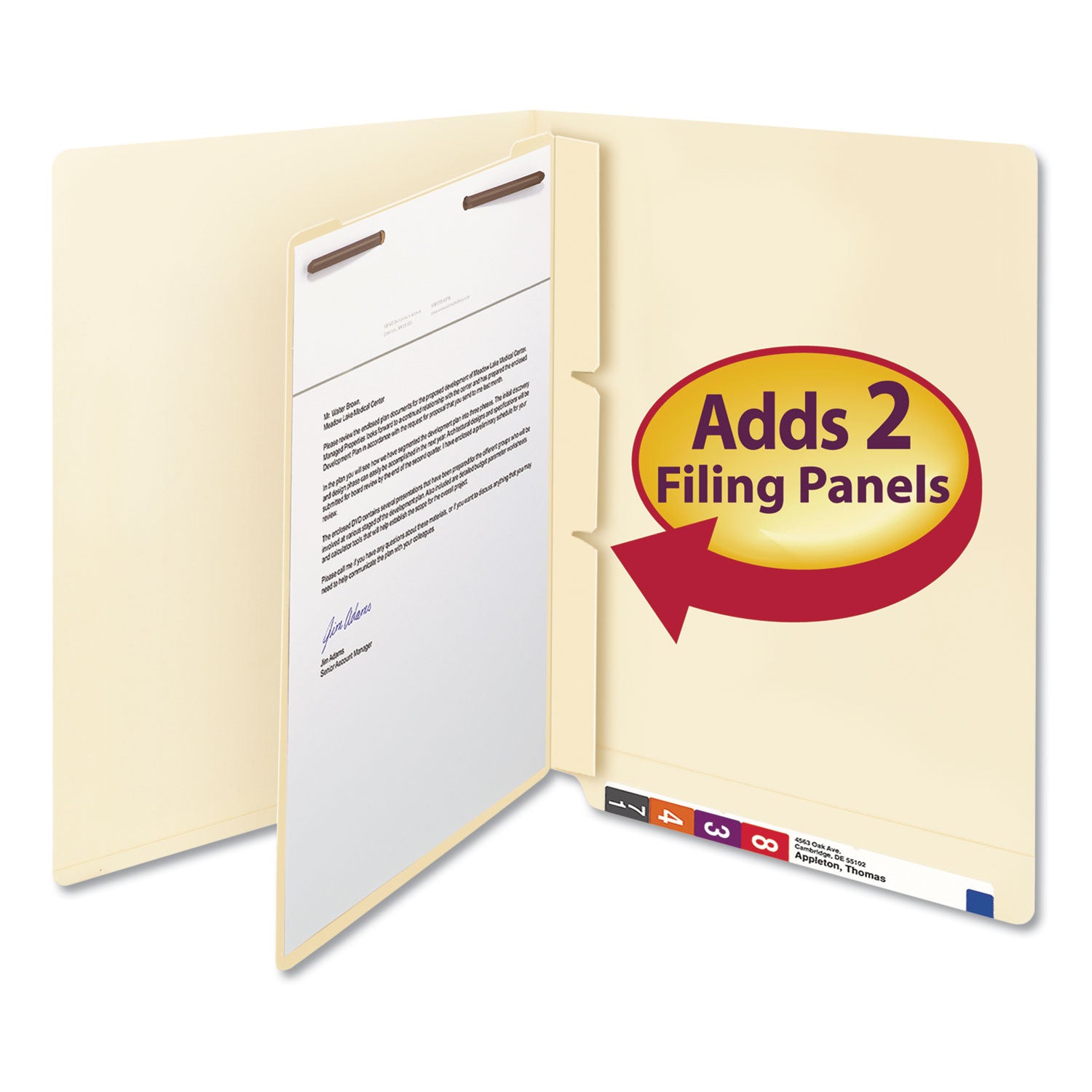 Self-Adhesive Folder Dividers with Twin-Prong Fasteners for Top/End Tab Folders, 1 Fastener, Letter Size, Manila, 100/Box
