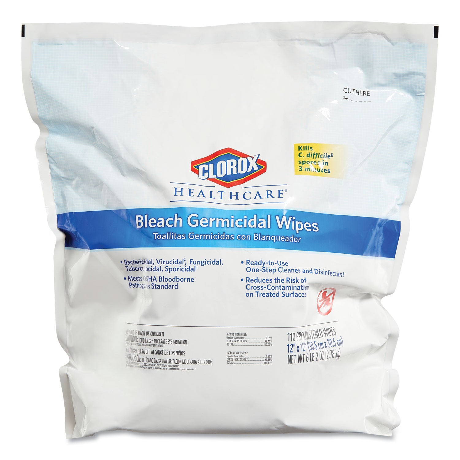 Bleach Germicidal Wipes, 1-Ply, 12 x 12, Unscented, White, 110/Refill, 2 Refills/Carton - 