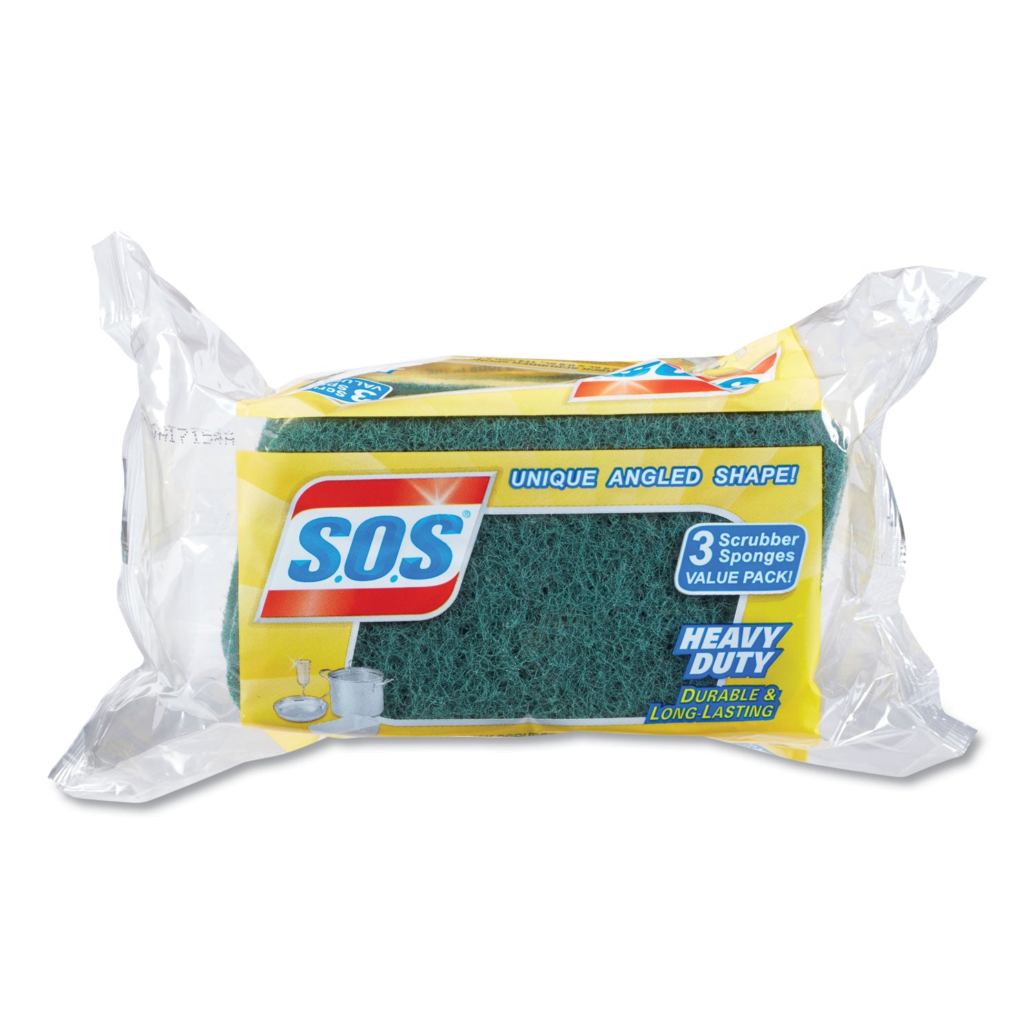 Heavy Duty Scrubber Sponge, 2.5 x 4.5, 0.9" Thick, Yellow/Green, 3/Pack, 8 Packs/Carton - 