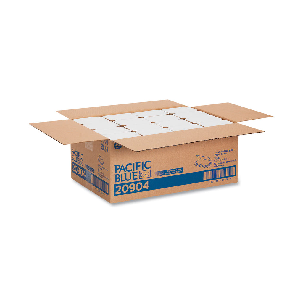 Pacific Blue Basic S-Fold Paper Towels, 1-Ply, 10.25 x 9.25, White, 250/Pack, 16 Packs/Carton