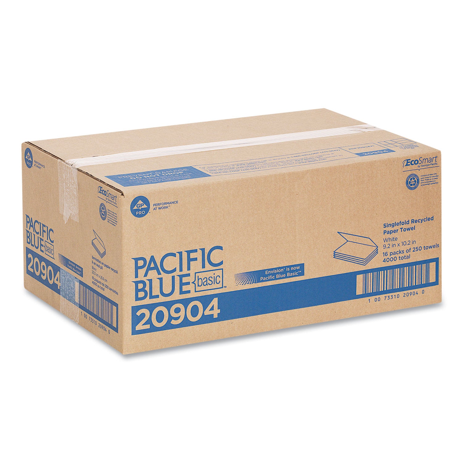 Pacific Blue Basic S-Fold Paper Towels, 1-Ply, 10.25 x 9.25, White, 250/Pack, 16 Packs/Carton - 