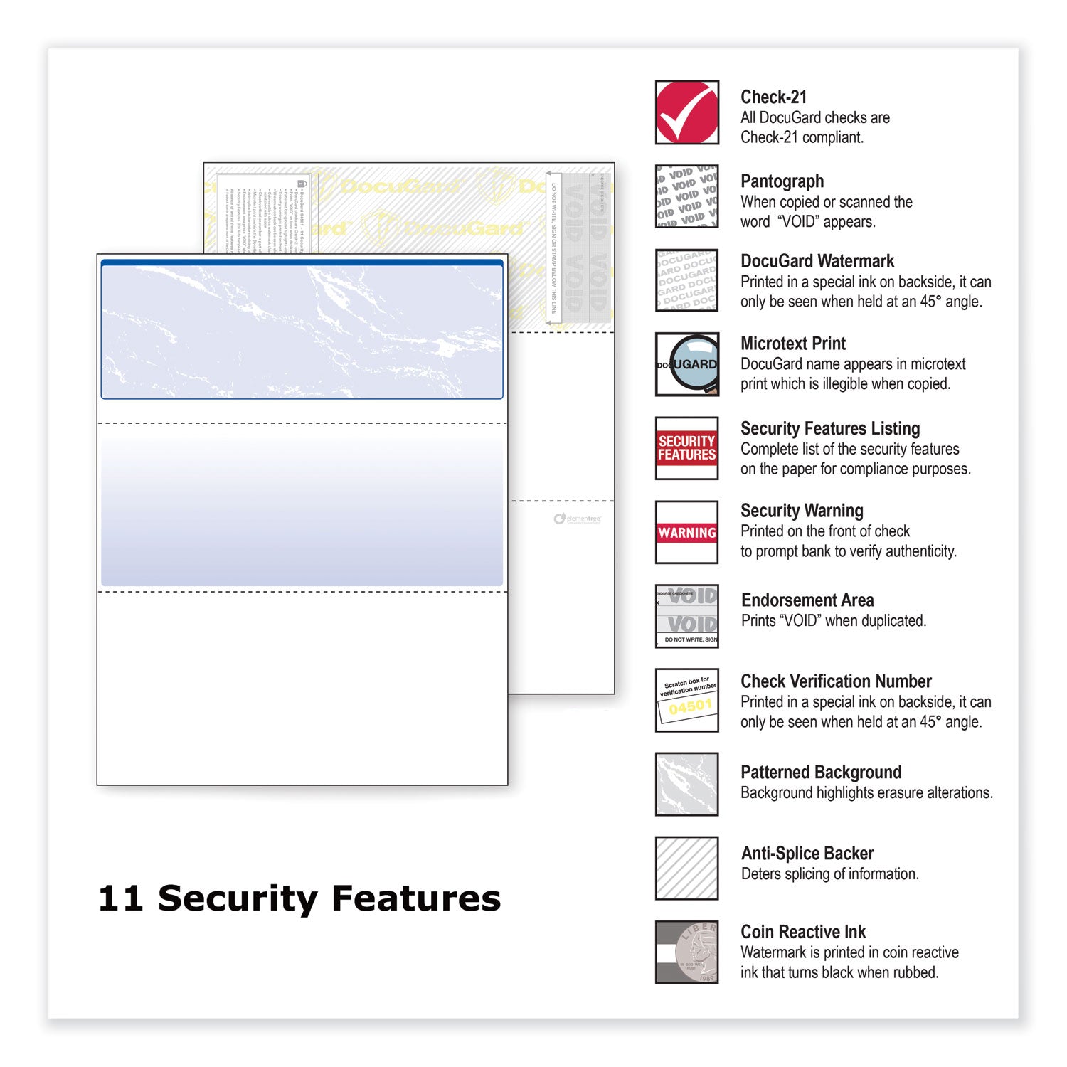 Security Business Checks, 11 Features, 8.5 x 11, Blue Marble Top, 500/Ream