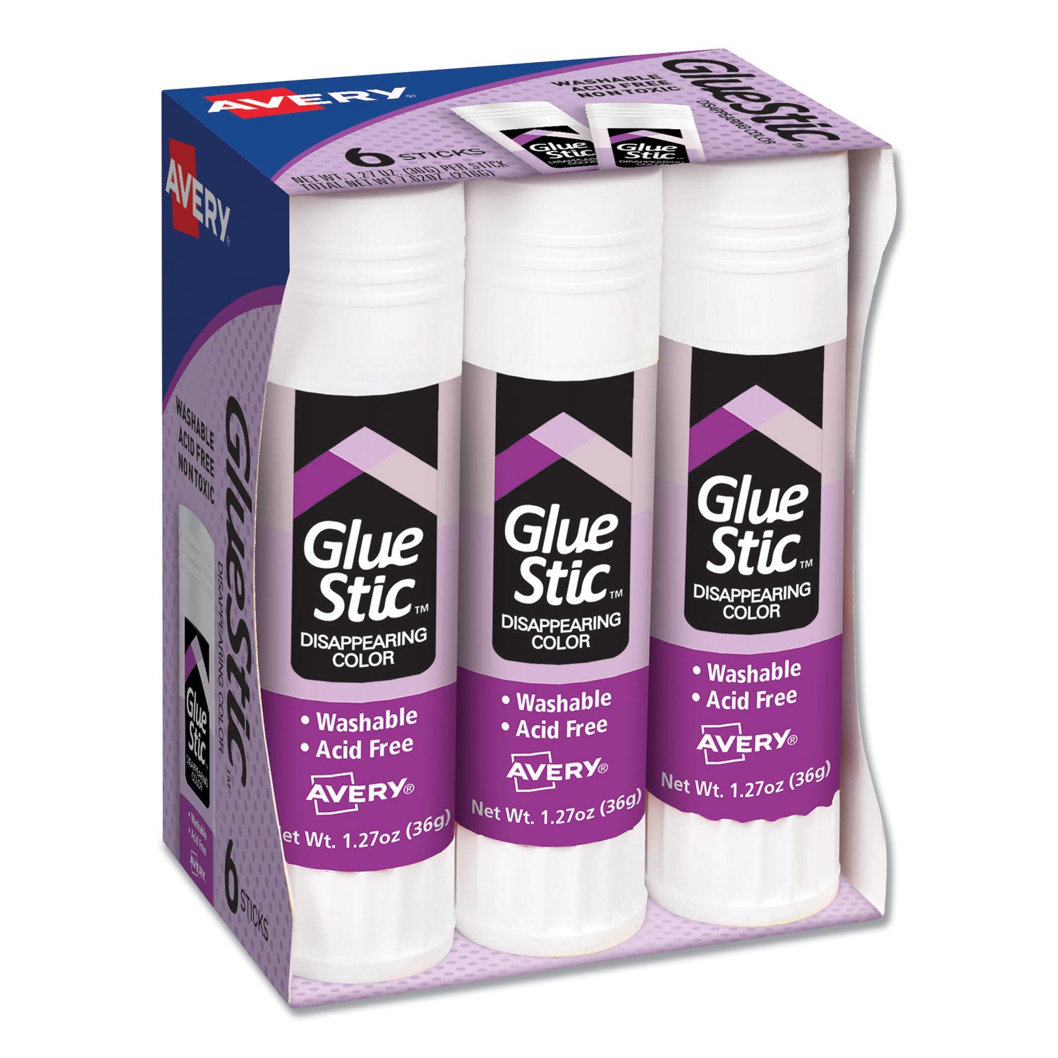 Permanent Glue Stic Value Pack, 1.27 oz, Applies Purple, Dries Clear, 6/Pack - 
