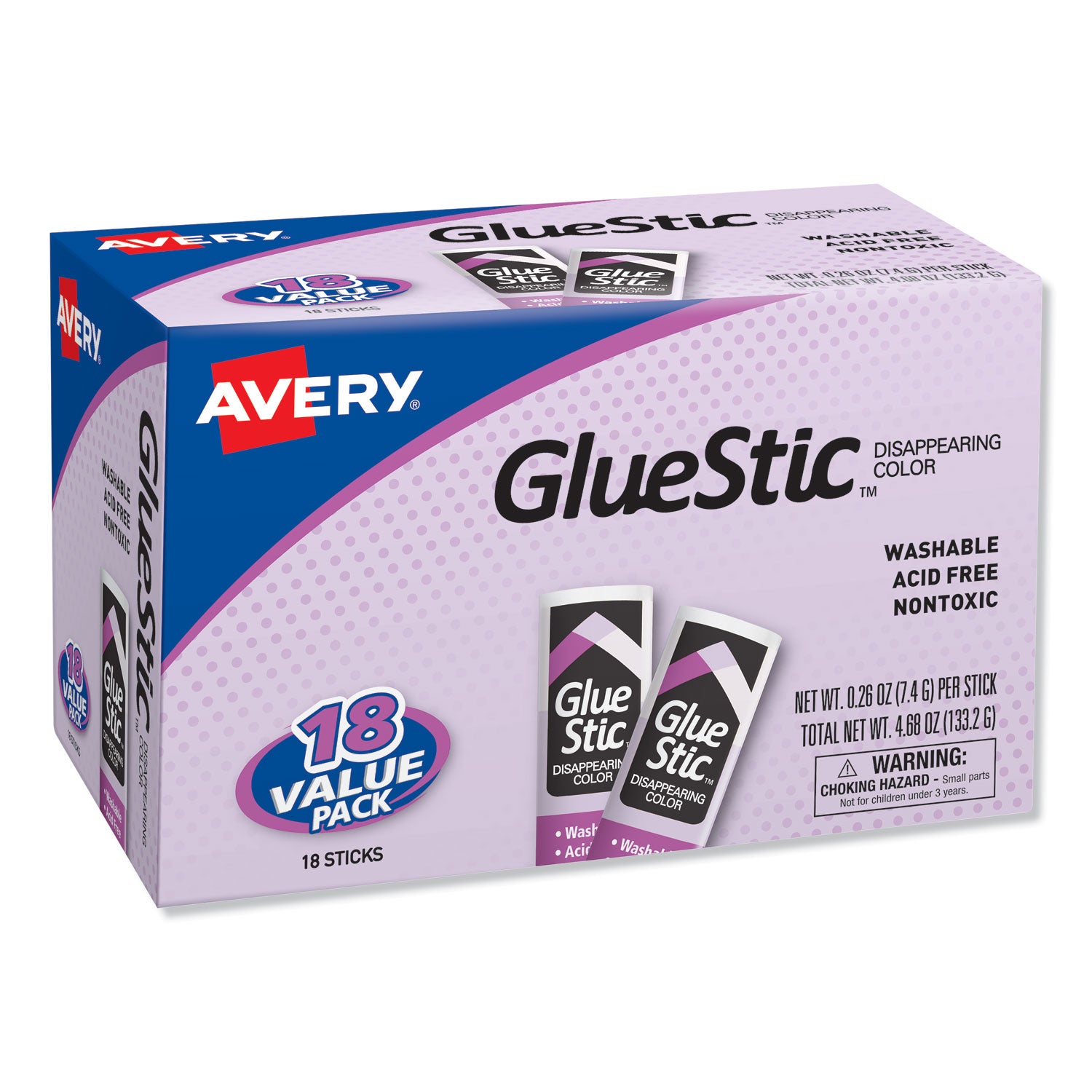 Permanent Glue Stic Value Pack, 0.26 oz, Applies Purple, Dries Clear, 18/Pack - 