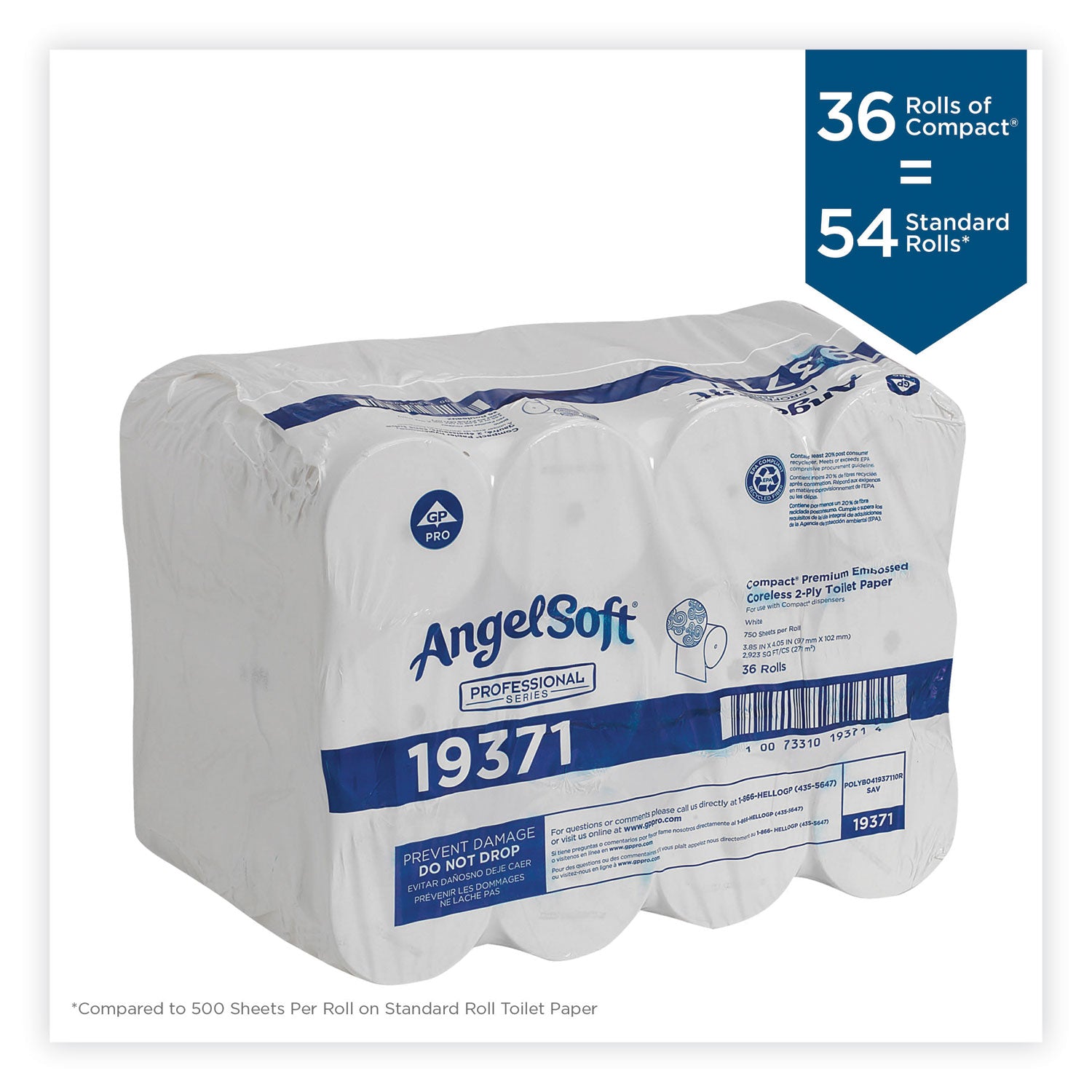 Compact Coreless Bath Tissue, Septic Safe, 2-Ply, White, 750 Sheets/Roll, 36/Carton - 