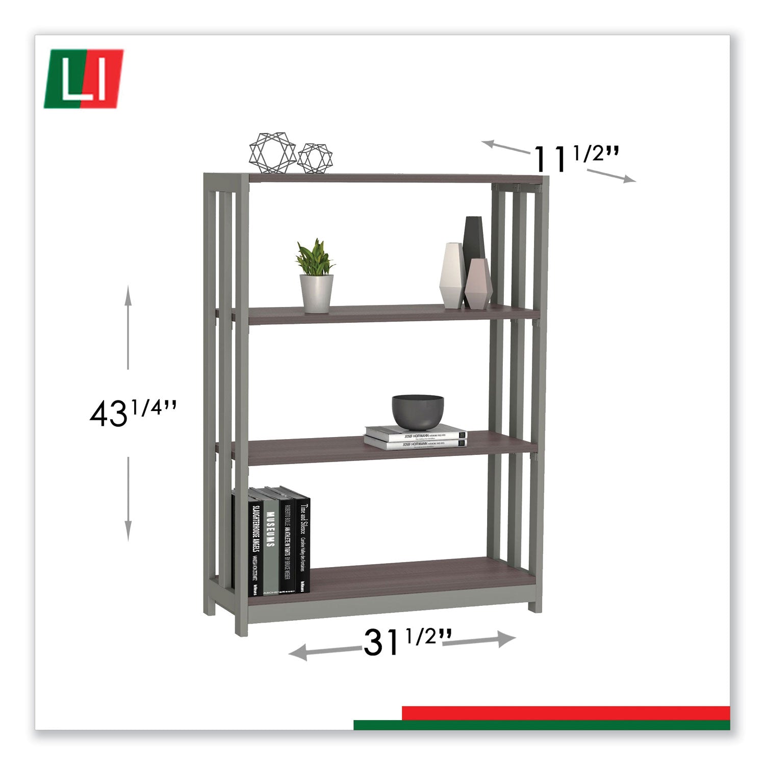 Trento Line Bookcase, Three-Shelf, 31.5w x 11.63d x 43.25h, Mocha - 