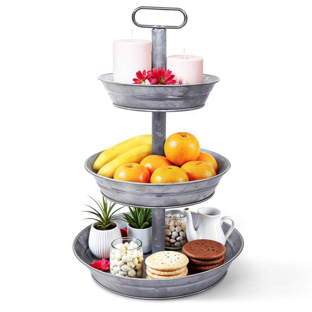 3 Tier Galvanized Metal Round Serving Tray with Slanted Sides