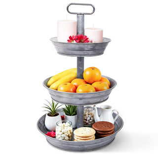 3 Tier Galvanized Metal Round Serving Tray with Slanted Sides