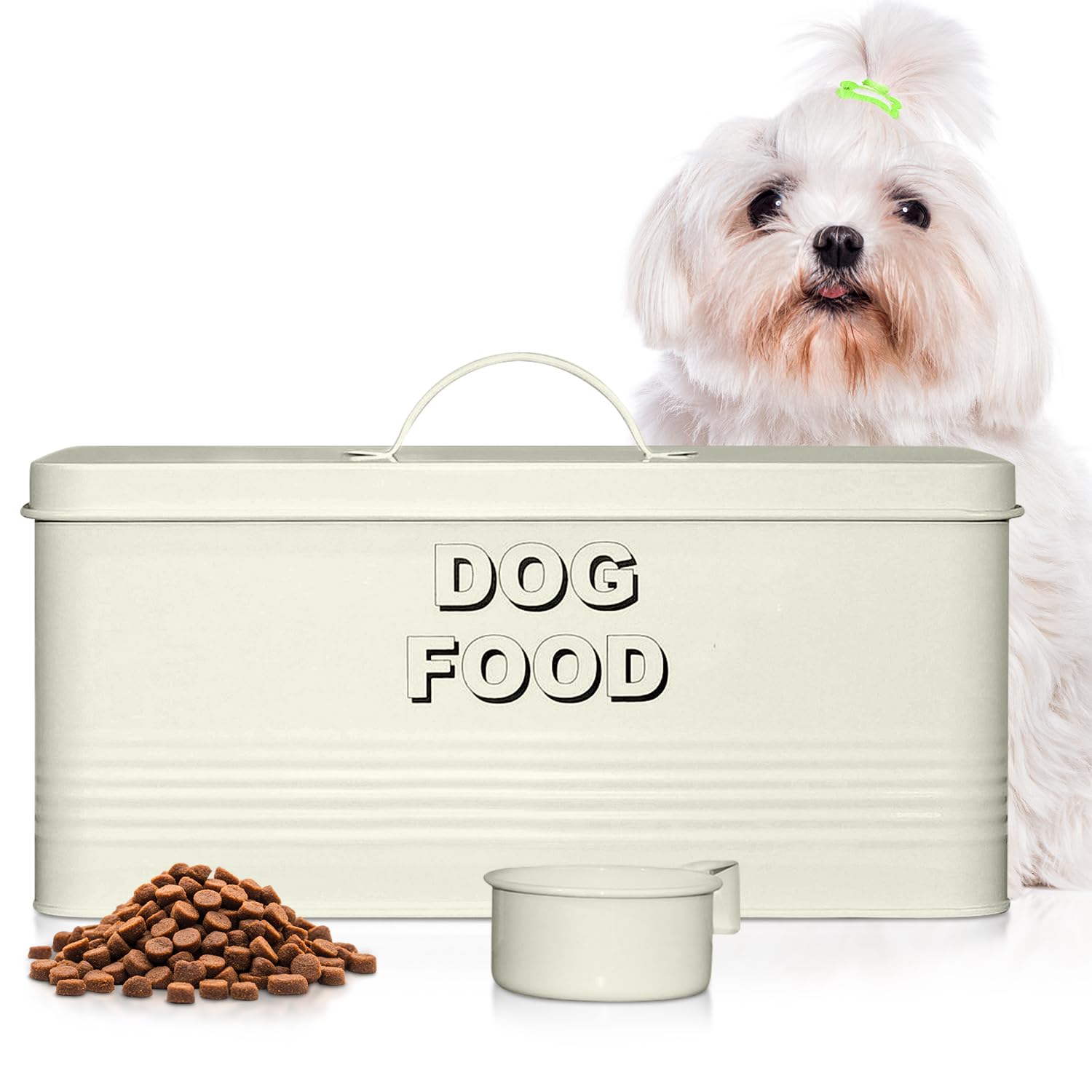 10 lb Rectangular Beige Metal Pet Food Storage Container with Scoop