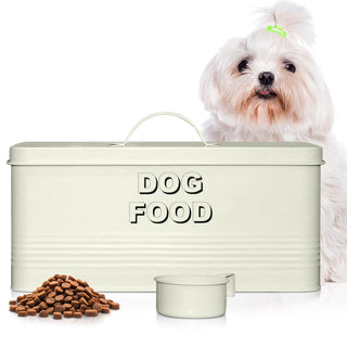 10 lb Rectangular Off-White Metal Pet Food Storage Container with Scoop