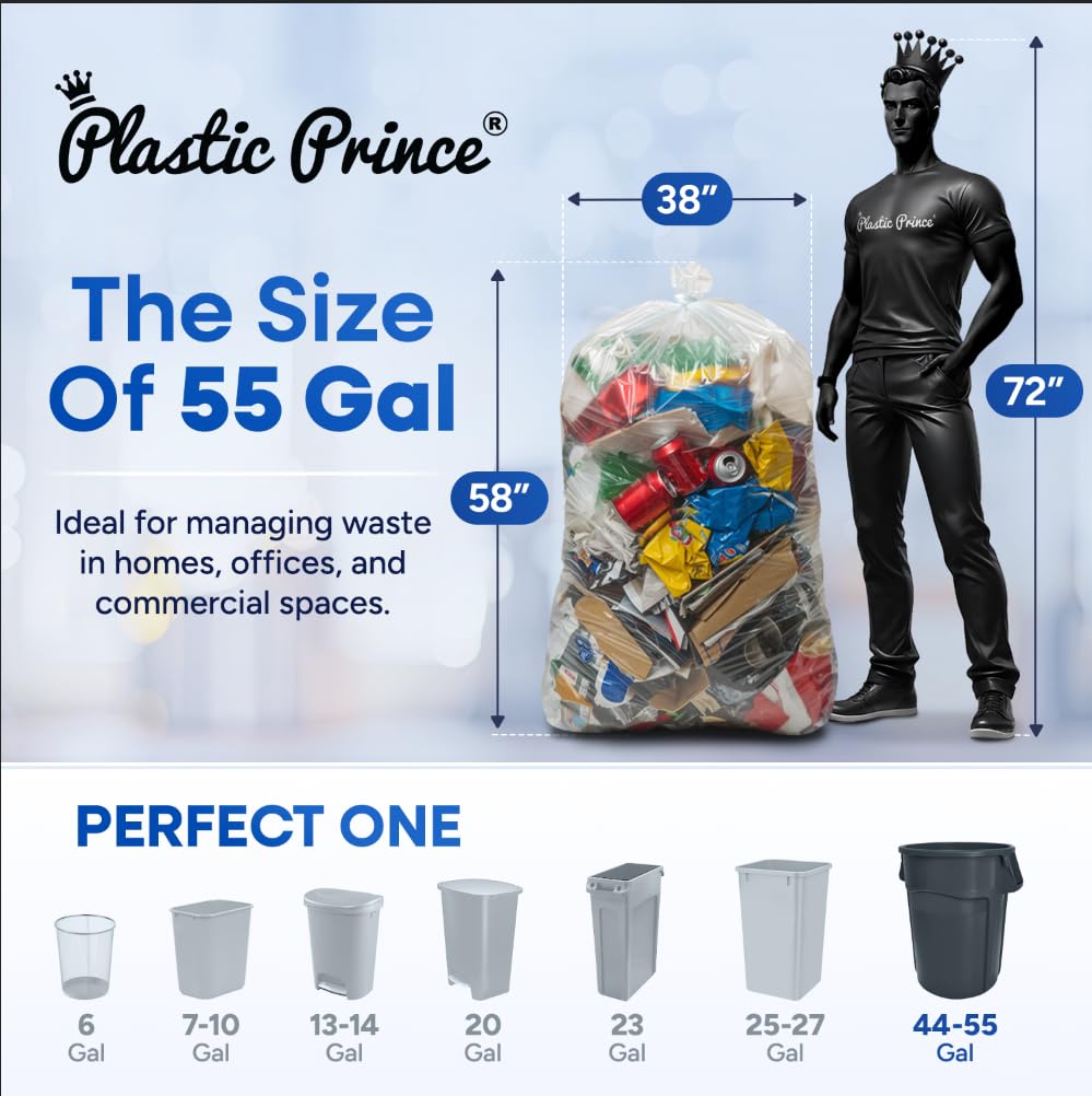 38" x 58" 55 Gal 3 Mil Clear Trash Bags, 100/Case