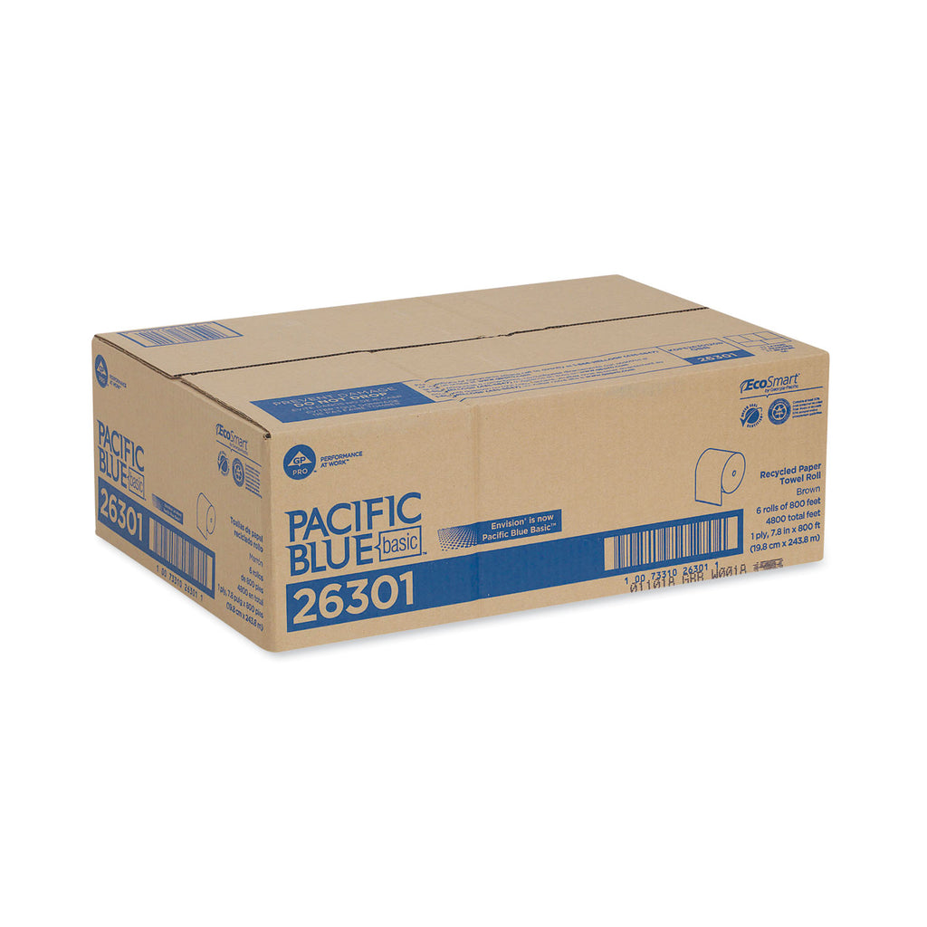 Pacific Blue Basic Nonperforated Paper Towels, 1-Ply, 7.78 x 800 ft, Brown, 6 Rolls/Carton