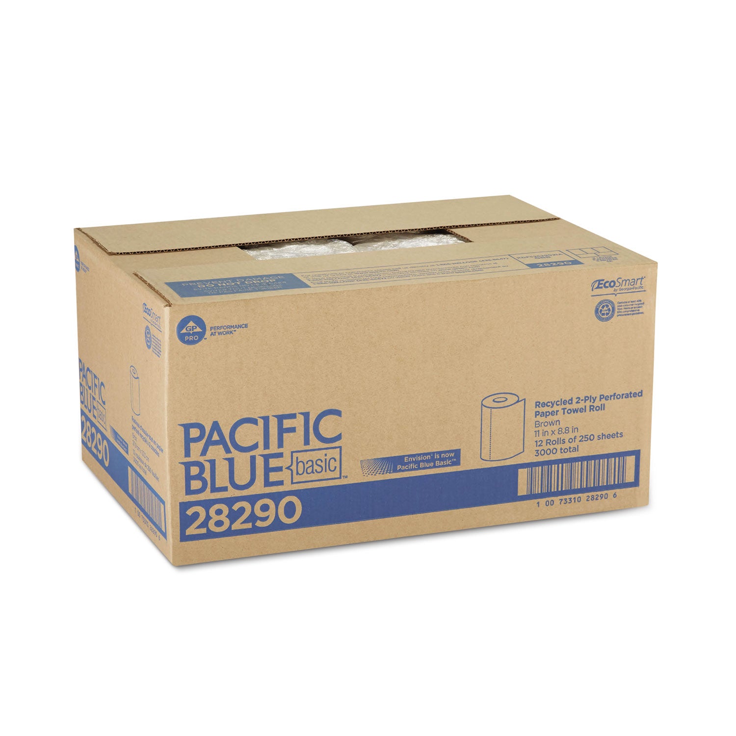 Pacific Blue Basic Jumbo Perforated Kitchen Roll Paper Towels, 2-Ply, 11 x 8.8, Brown, 250/Roll, 12 Rolls/Carton