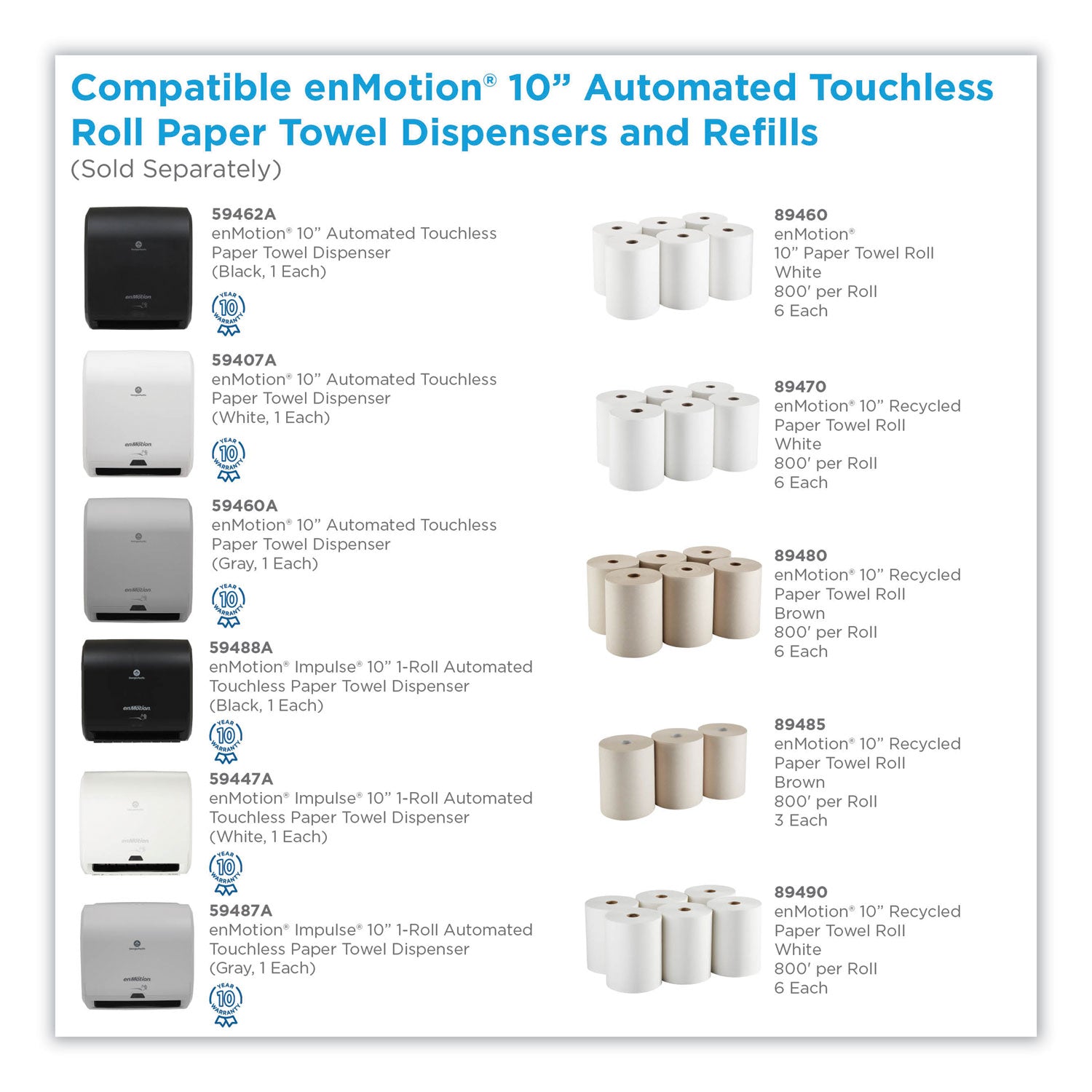 enMotion Paper Towel Rolls, 10" x 800', 40% Recycled, White, Pack Of 6 Rolls - 1 Ply - 10" x 800 ft - 1.75" Core - White - Soft, Absorbent, Long Lasting - For Multipurpose - 6 / Carton