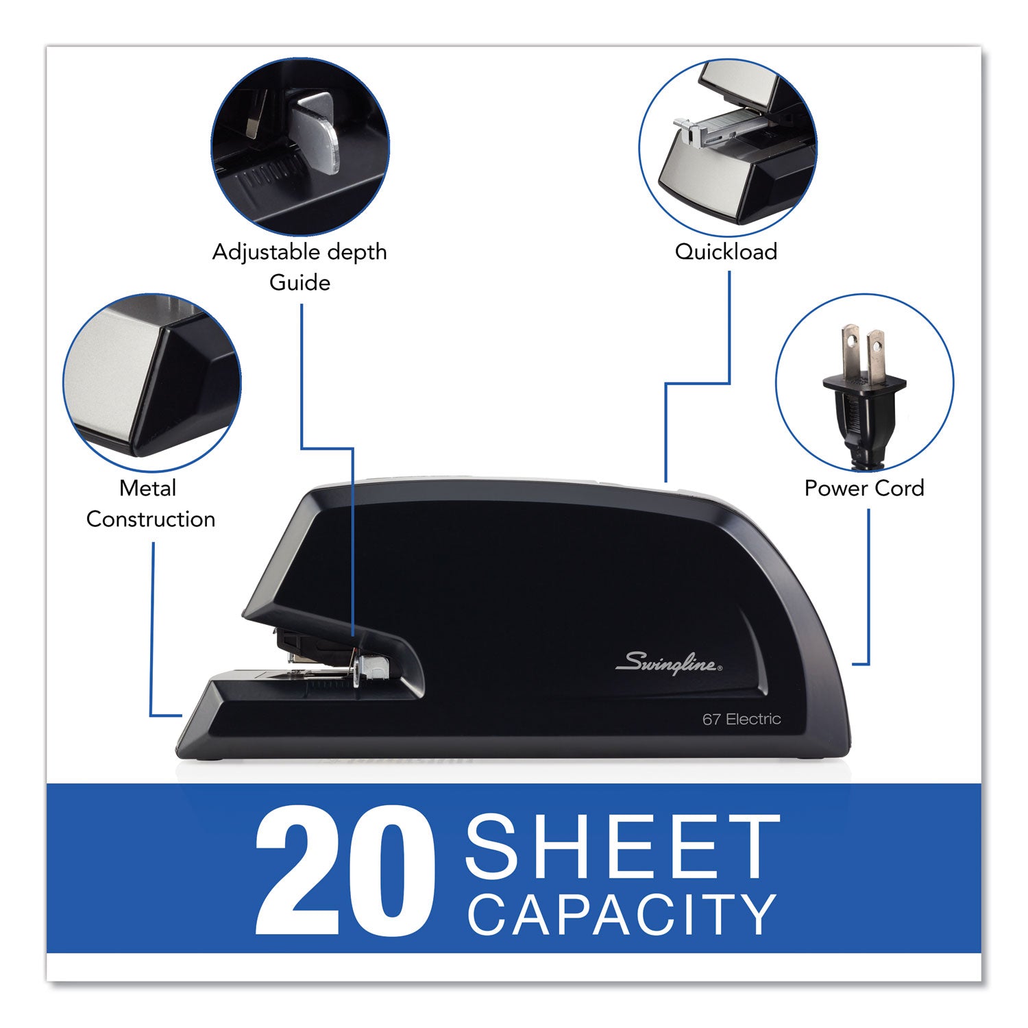 Commercial Electric Stapler, 20-Sheet Capacity, Black - 