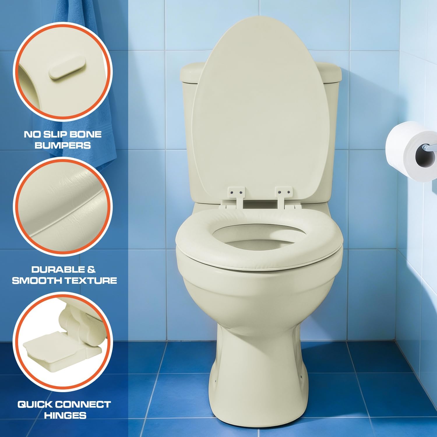 Plexon Soft Cushioned Toilet Seat, Elongated Bone, Slow-Close Lid & Seat, Quick-Release Hinge, Easy To Clean & Change