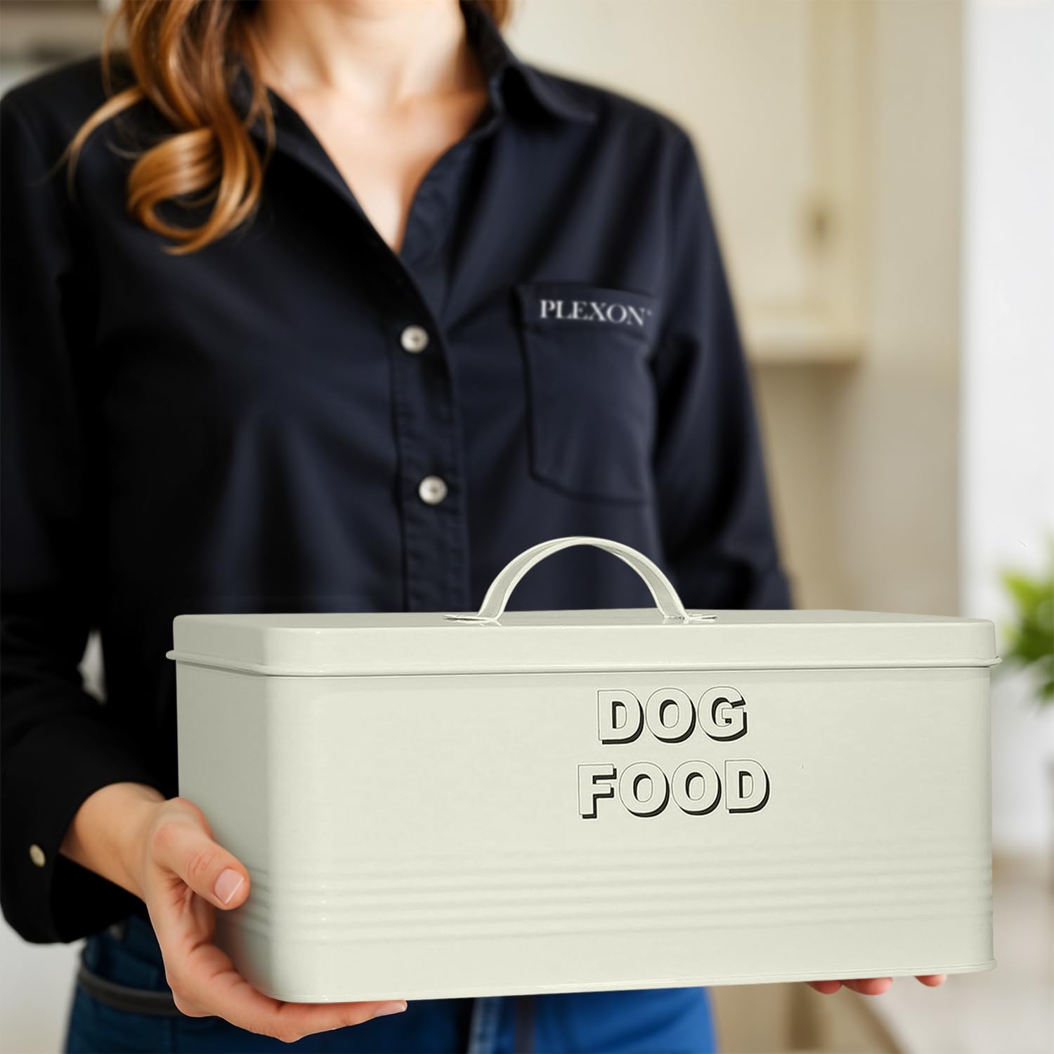 10 lb Rectangular Off-White Metal Pet Food Storage Container with Scoop