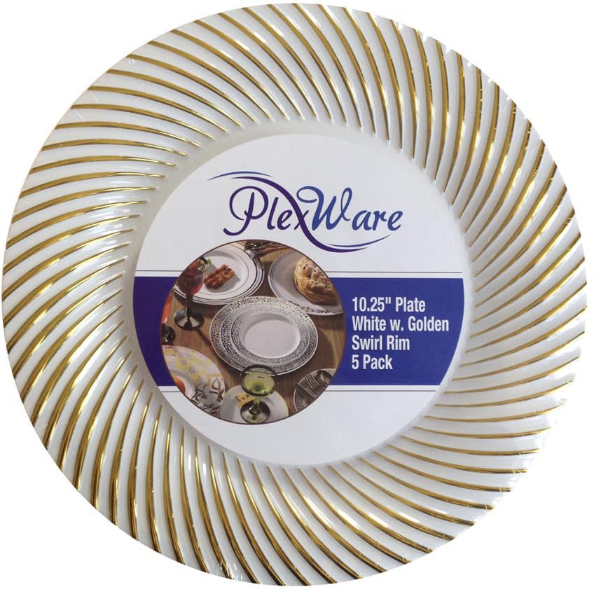 10.25" Round White Plates with Golden Swirl Rim, 5/Pack, 24/Case
