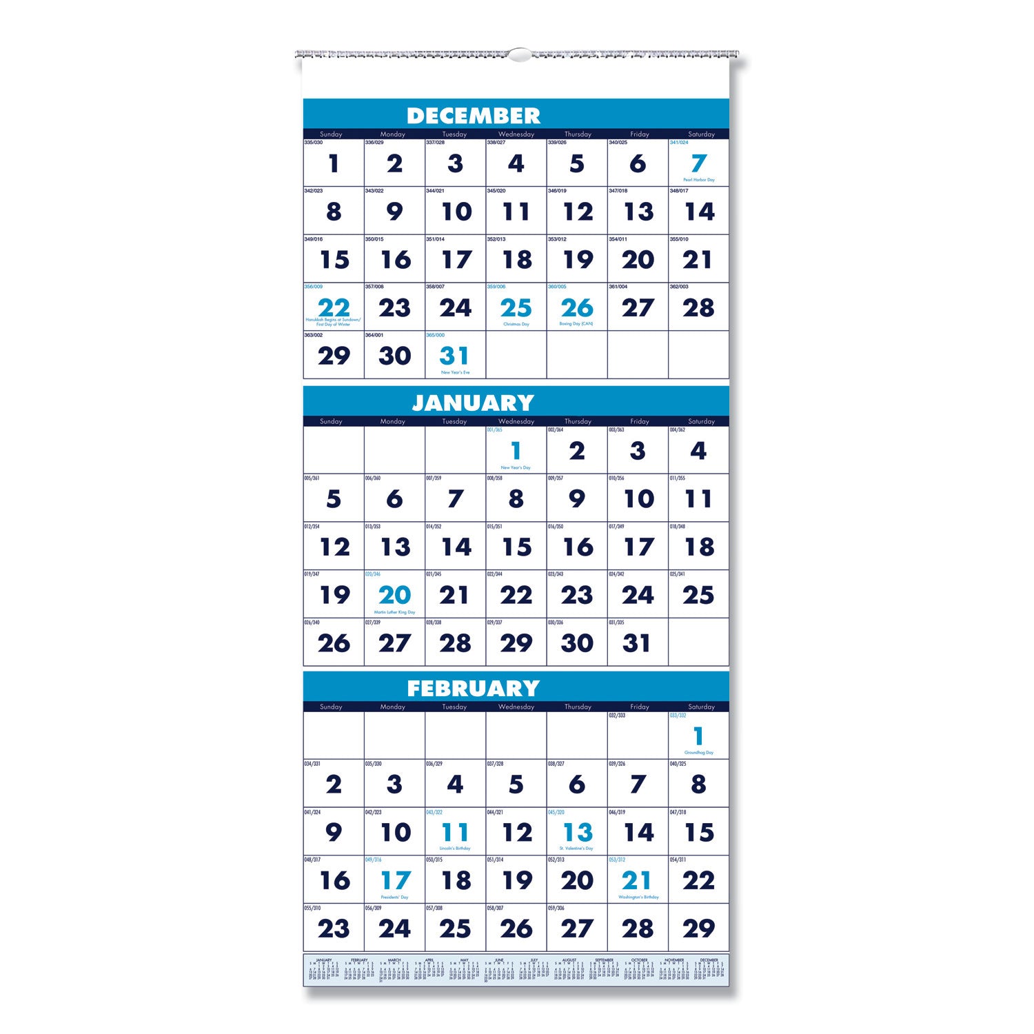 Recycled Three-Month Format Wall Calendar, Vertical Orientation, 12.25 x 26, White Sheets, 14-Month (Dec-Jan): 2023-2025 - 