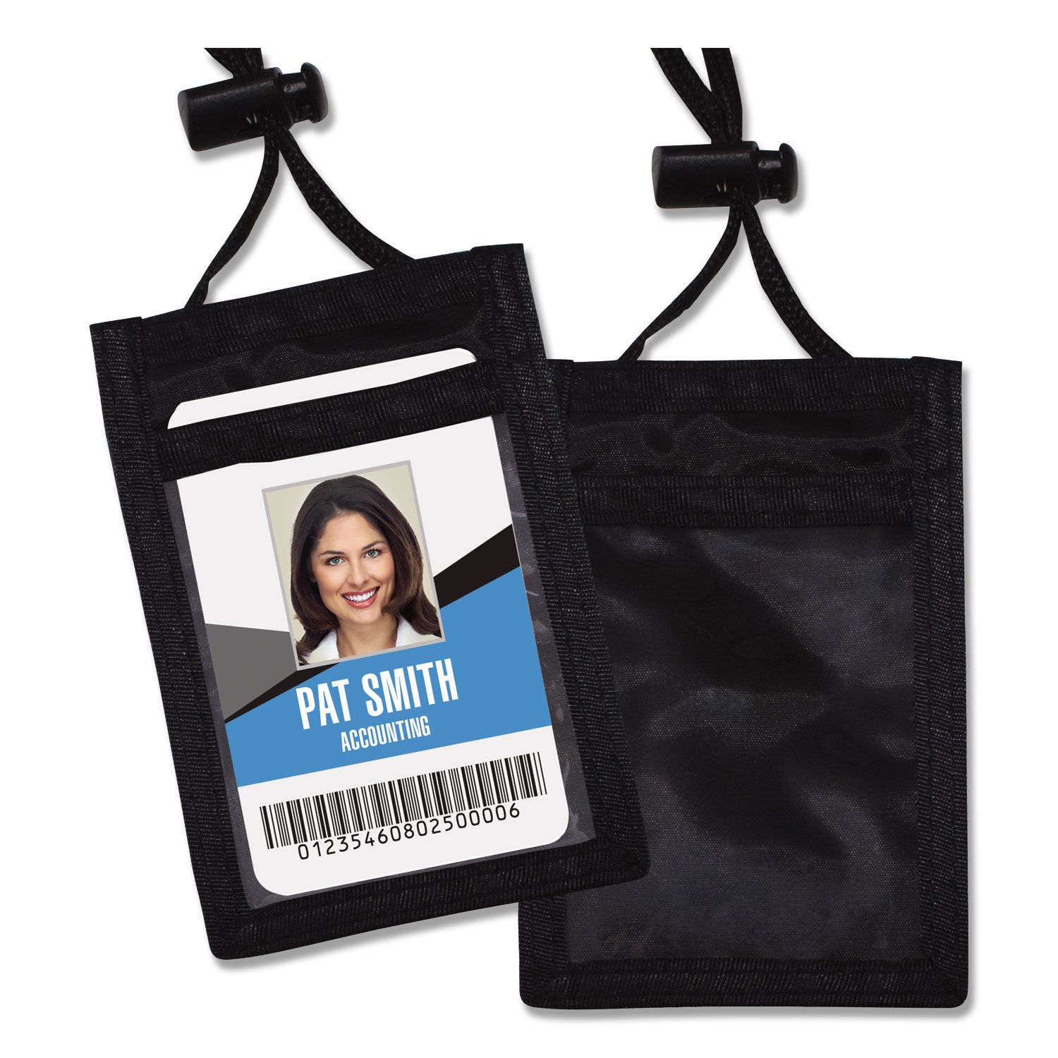 ID Badge Holders with Convention Neck Pouch, Vertical, Black/Clear 3.25" x 5" Holder, 2.38" x 3.5" Insert, 48" Cord, 12/Pack - 