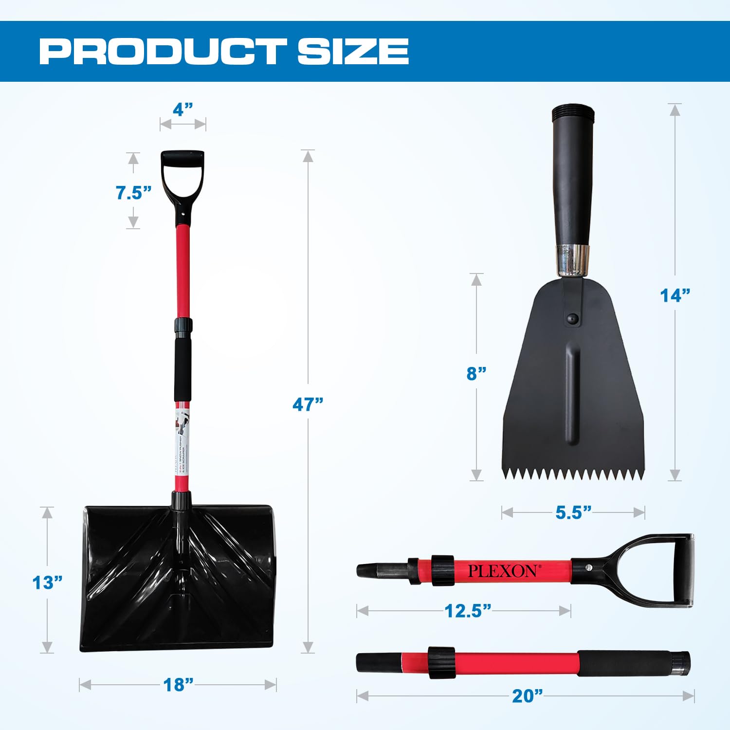 47" Snow Pusher & Ice Scraper Set with 2-piece Fiberglass Handle & Plastic D-Grip, 18" Wide Blade
