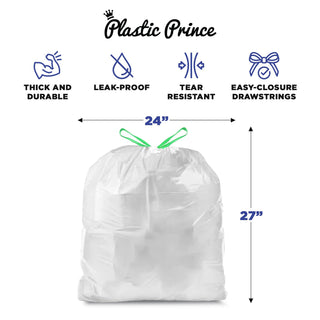 13-Gal, White Drawstring Bags, 24" x 27", 0.8 Mil, 200/Case