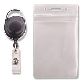 Resealable Badge Holder Combo Pack with Badge Reel, 30" Cord, Vertical, Frost 2.68" x 5" Holder, 2.38" x 3.75" Insert, 10/PK