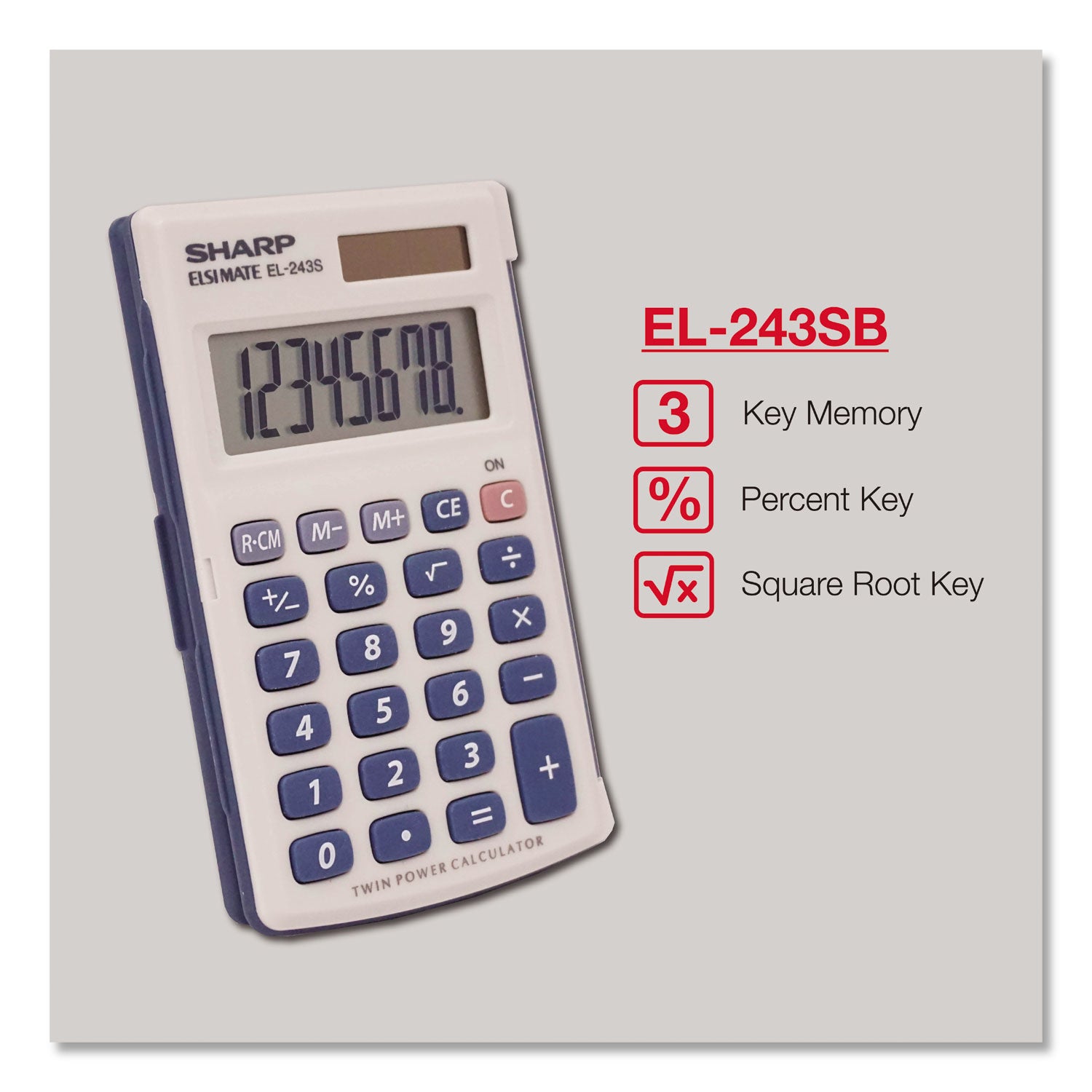 EL-243SB Solar Pocket Calculator, 8-Digit LCD - 