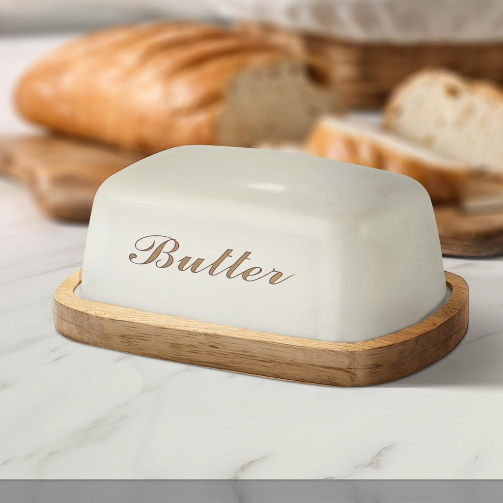 Wooden Butter Dish with Off-White Metal Lid