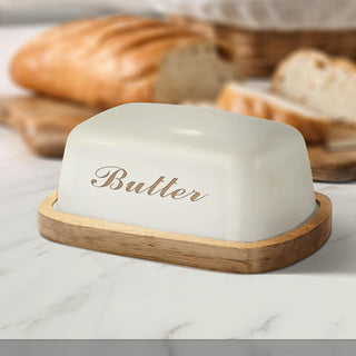 Wooden Butter Dish with Off-White Metal Lid