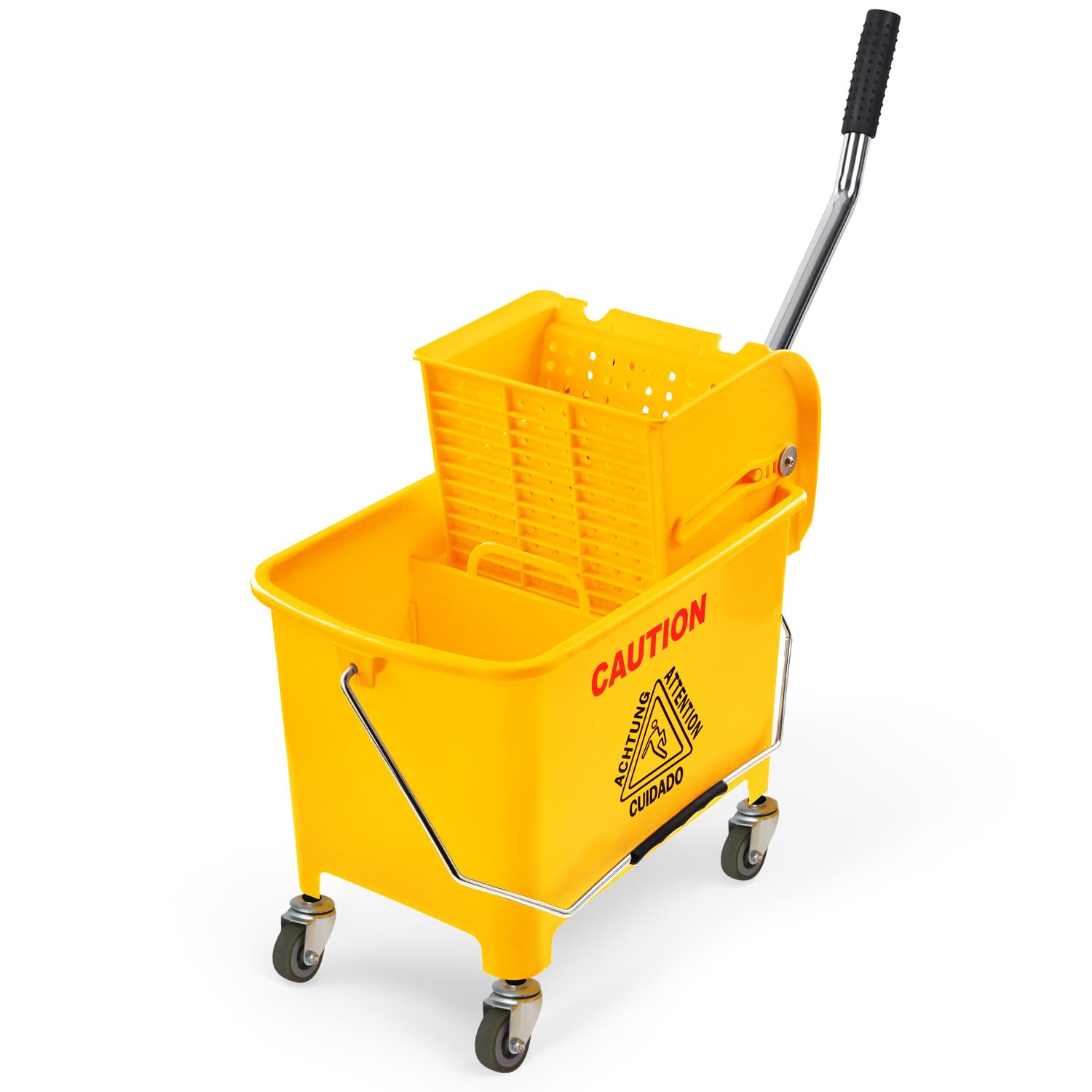 Plastic Prince Mop Bucket with Wringer on Wheels Small 5 Gallon, Heavy Duty Dual Chamber Industrial Mop Bucket Separate Dirty Water, Perfect for Business Household, 20 Quart Yellow