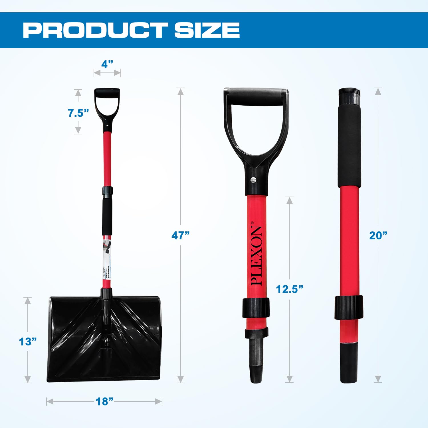 47" Snow Pusher with 2-piece Fiberglass Handle & Plastic D-Grip, 18" Wide Blade