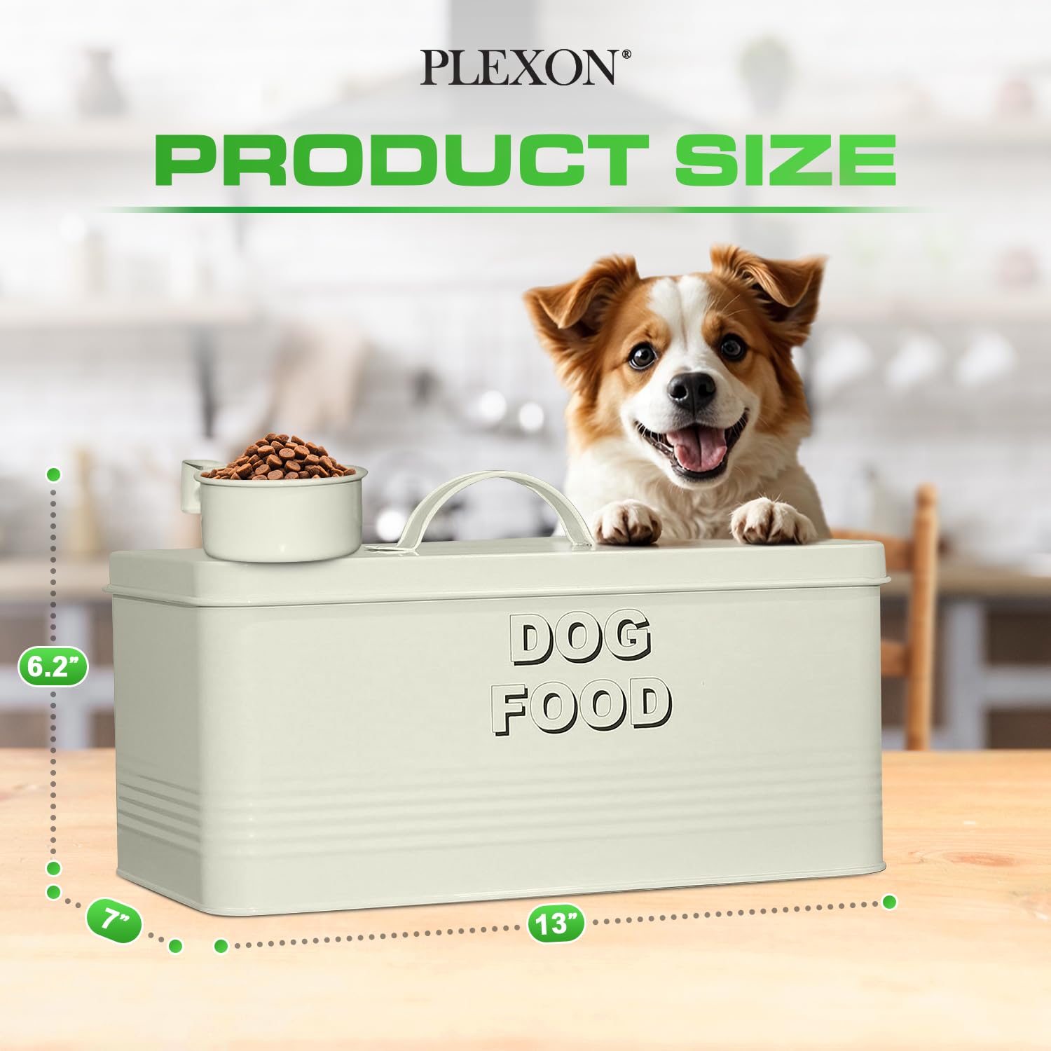 10 lb Rectangular Off-White Metal Pet Food Storage Container with Scoop