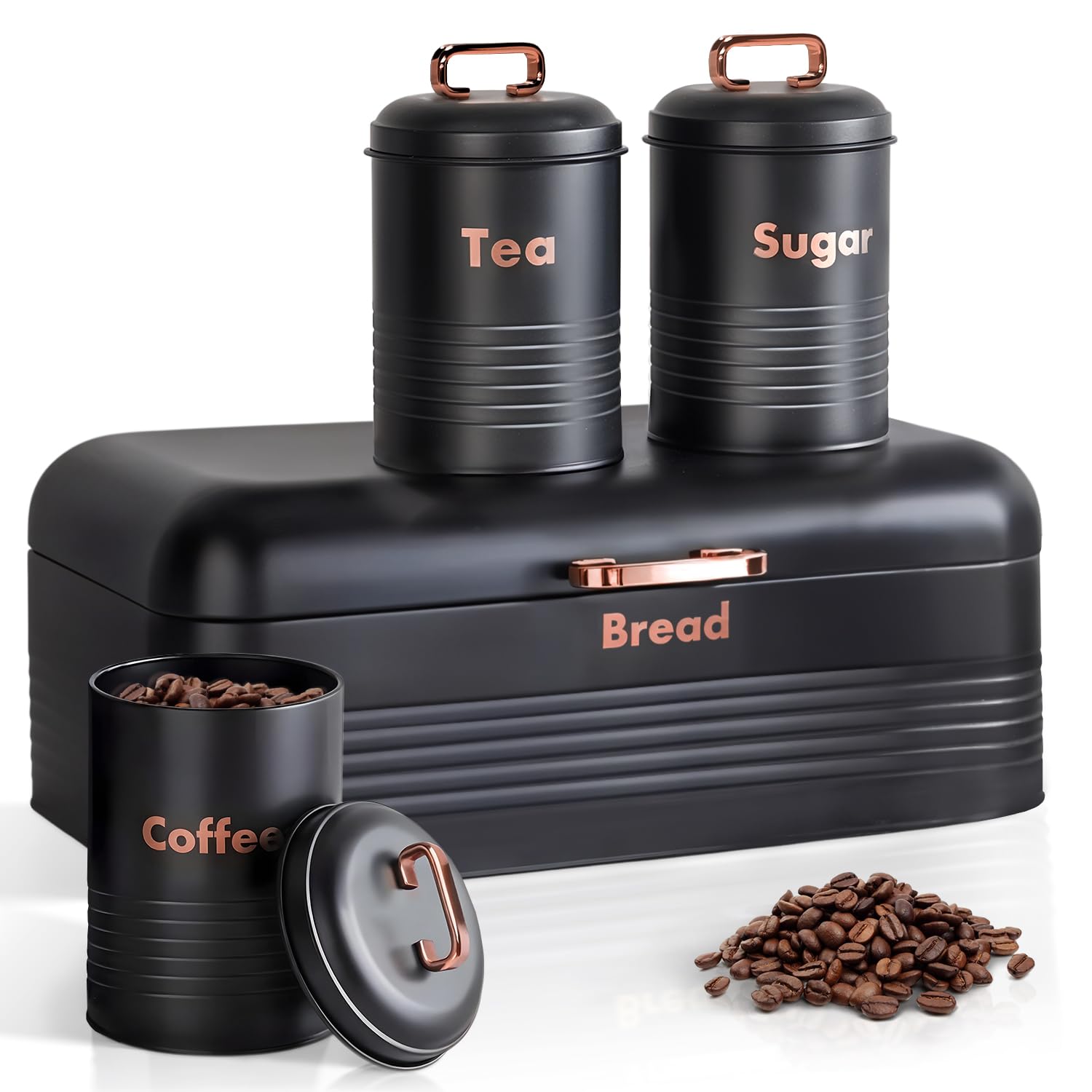 plexon metal bread box with tea coffee sugar container set black bread box for kitchen countertop with canister set of 4